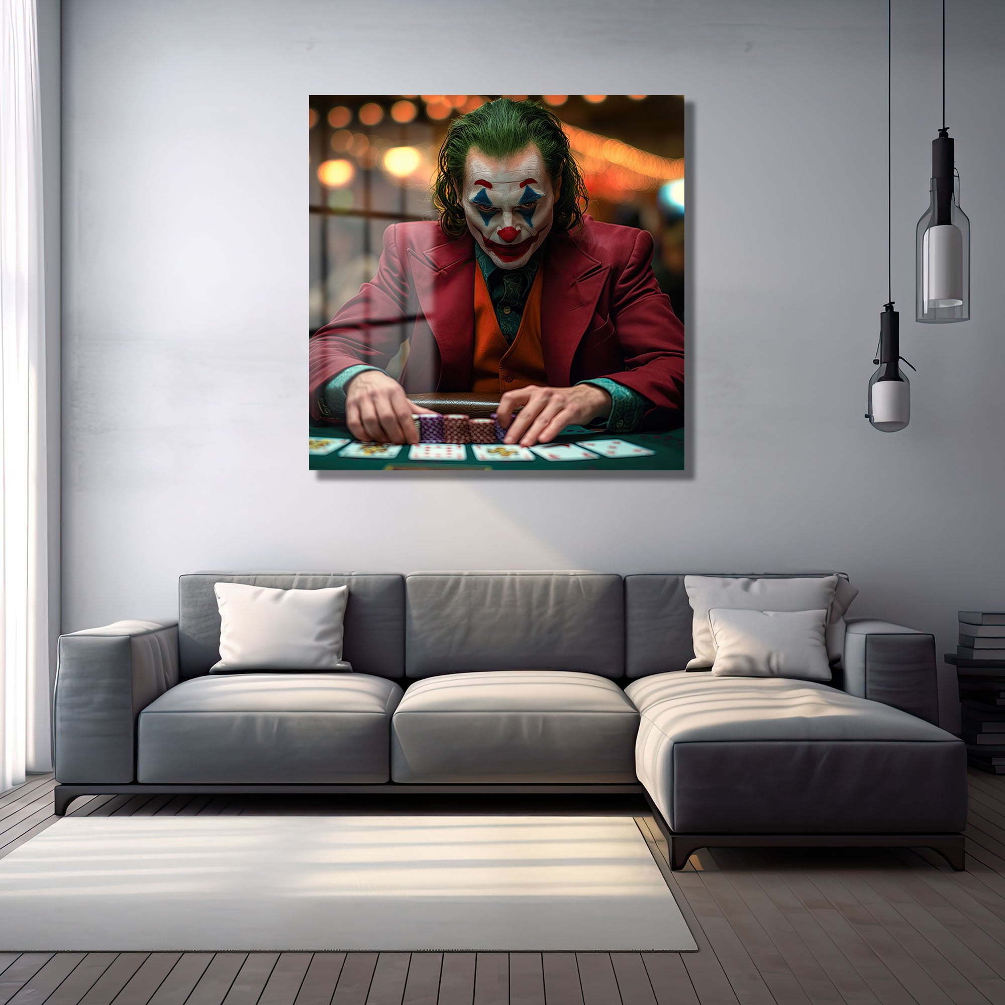 Joker Poker Yüzleşmesi: Gerilimli Sinematik Cam Tablo Duvar Dekoru cam tablo, duvar sanatı, modern dekorasyon, soyut sanat, cam sanat eserleri, iç mekan dekorasyonu, ofis dekorasyonu, ev dekorasyonu, restoran dekorasyonu, cafe dekorasyonu, cam baskı, UV baskı, estetik duvar sanatı