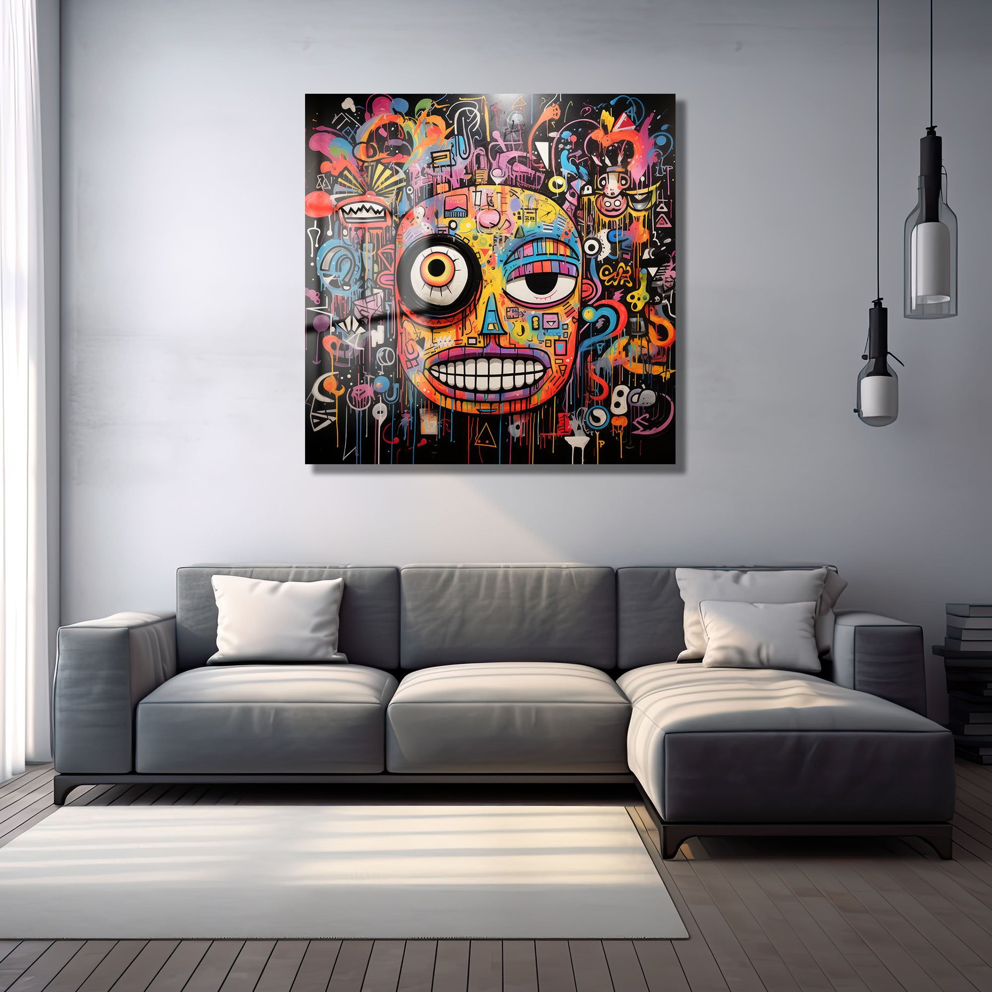 Enerjik Kaos: Canlı Graffiti Yüz Cam Tablo Duvar Dekoru cam tablo, duvar sanatı, modern dekorasyon, soyut sanat, cam sanat eserleri, iç mekan dekorasyonu, ofis dekorasyonu, ev dekorasyonu, restoran dekorasyonu, cafe dekorasyonu, cam baskı, UV baskı, estetik duvar sanatı