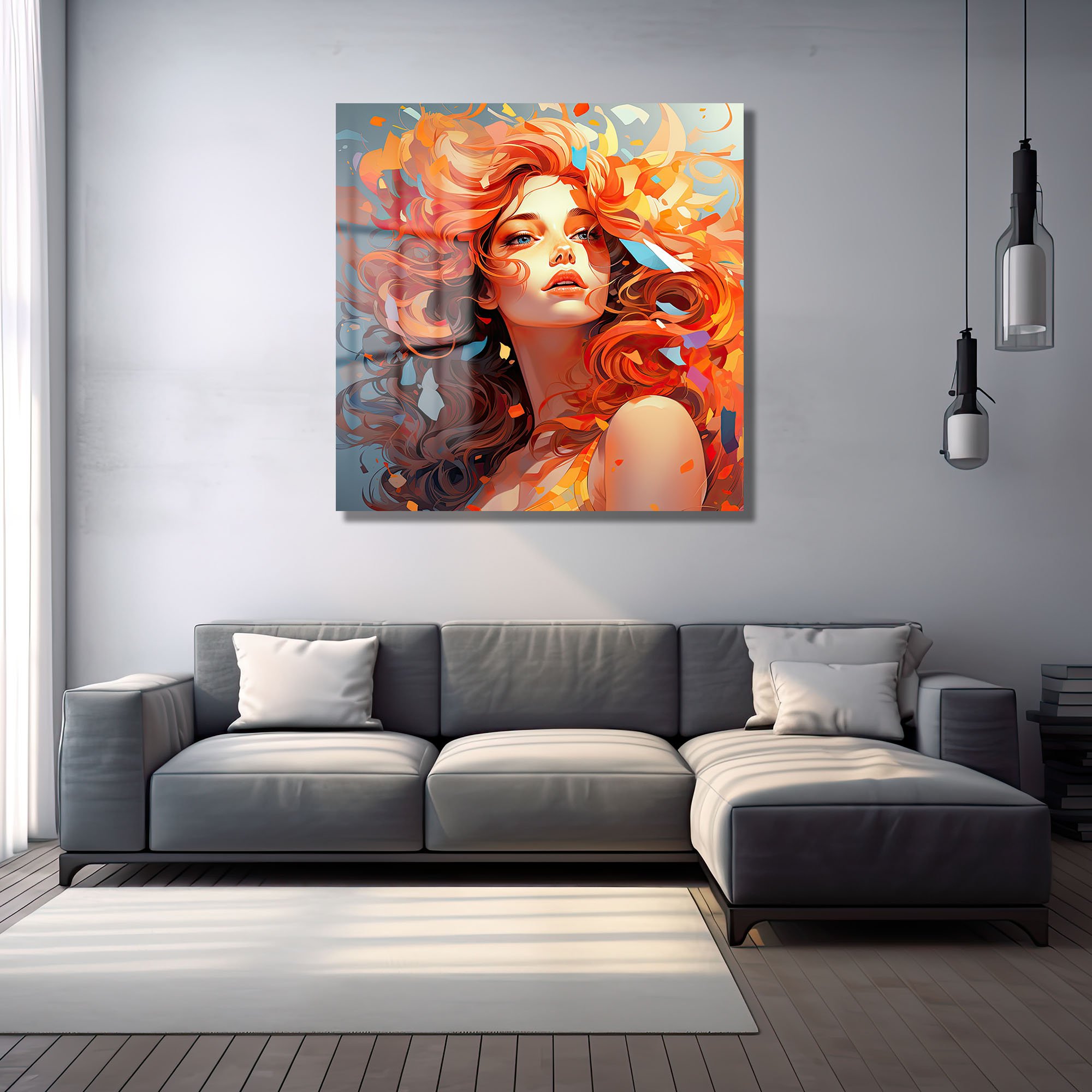 Ateş Saçlı Kadın: Enerjik Soyut Portre Cam Tablo Duvar Dekoru cam tablo, duvar sanatı, modern dekorasyon, soyut sanat, cam sanat eserleri, iç mekan dekorasyonu, ofis dekorasyonu, ev dekorasyonu, restoran dekorasyonu, cafe dekorasyonu, cam baskı, UV baskı, estetik duvar sanatı