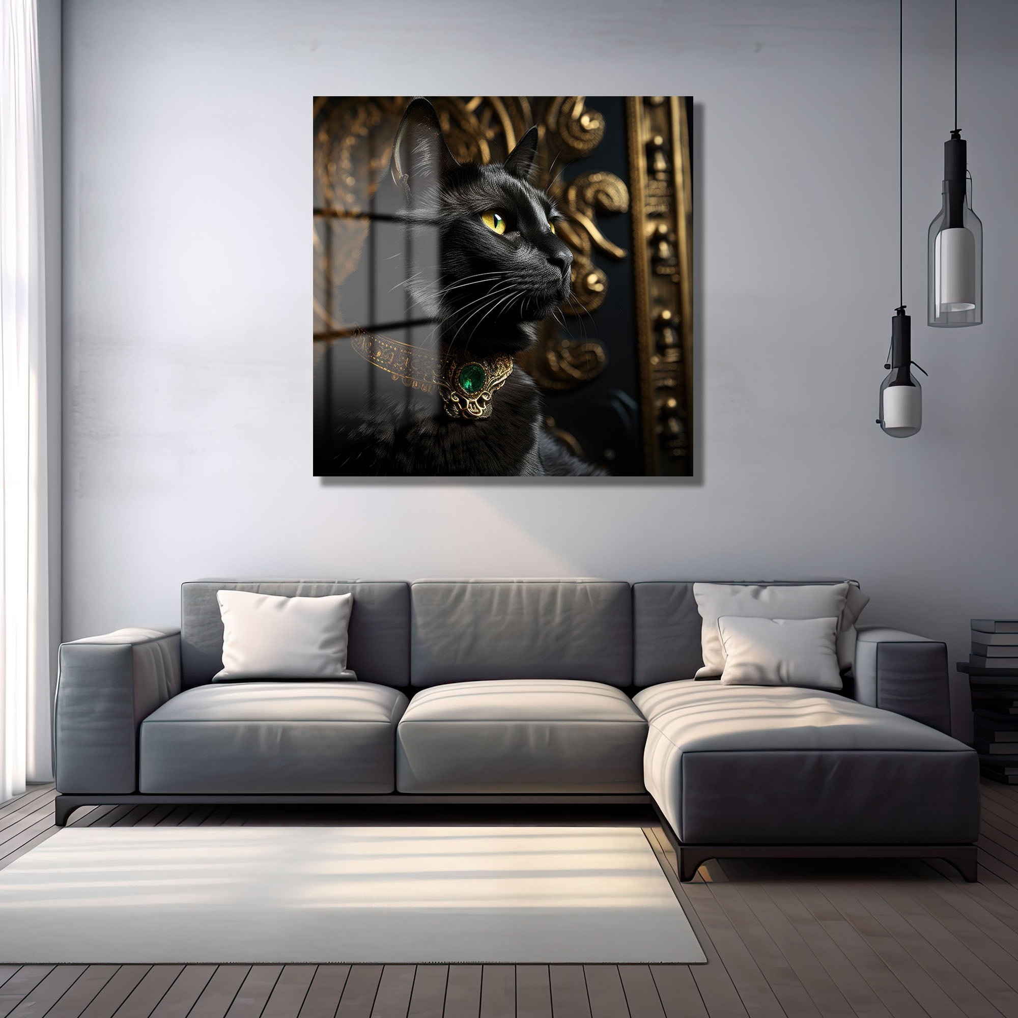 Asil Kedi Portresi: Zümrüt Yakalı Siyah Kedi Cam Tablo Duvar Dekoru cam tablo, duvar sanatı, modern dekorasyon, soyut sanat, cam sanat eserleri, iç mekan dekorasyonu, ofis dekorasyonu, ev dekorasyonu, restoran dekorasyonu, cafe dekorasyonu, cam baskı, UV baskı, estetik duvar sanatı