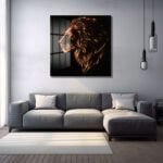 Ateşin Ruhu: Işıltılı Aslan Başı Temalı Modern Cam Tablo Duvar Dekoru cam tablo, duvar sanatı, modern dekorasyon, soyut sanat, cam sanat eserleri, iç mekan dekorasyonu, ofis dekorasyonu, ev dekorasyonu, restoran dekorasyonu, cafe dekorasyonu, cam baskı, UV baskı, estetik duvar sanatı