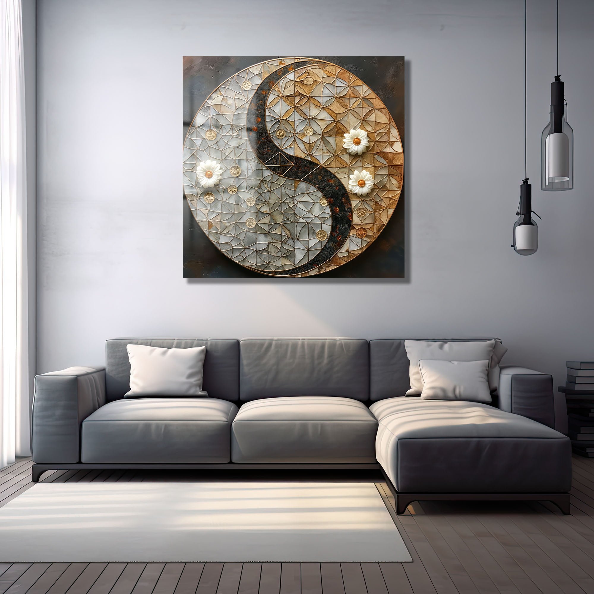 Yin Yang Dengesi: Beyaz Çiçekli Modern Geometrik Cam Tablo Duvar Dekoru cam tablo, duvar sanatı, modern dekorasyon, soyut sanat, cam sanat eserleri, iç mekan dekorasyonu, ofis dekorasyonu, ev dekorasyonu, restoran dekorasyonu, cafe dekorasyonu, cam baskı, UV baskı, estetik duvar sanatı