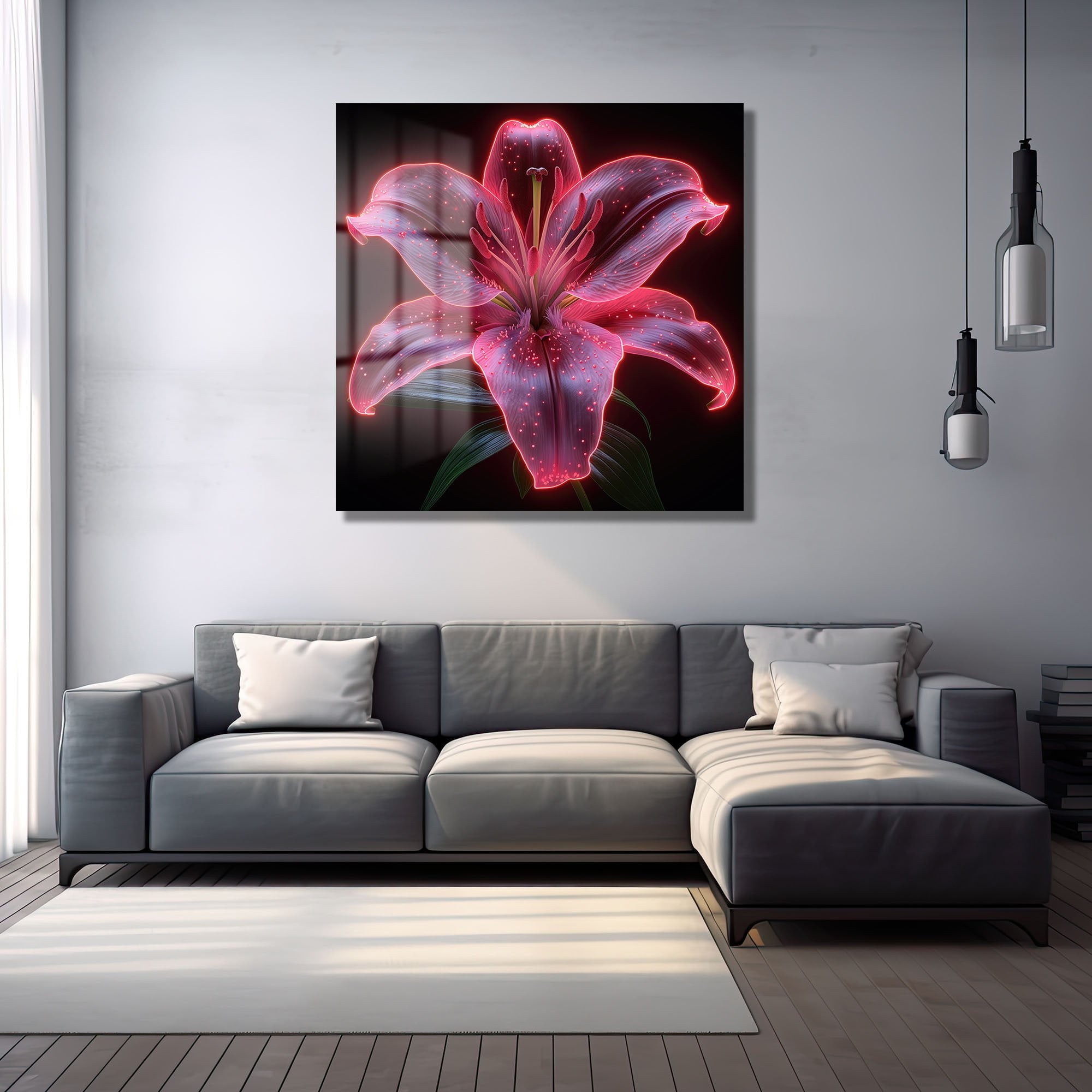 Büyüleyici Neon Zambak: Canlı Renklerde Modern Cam Tablo Duvar Dekoru cam tablo, duvar sanatı, modern dekorasyon, soyut sanat, cam sanat eserleri, iç mekan dekorasyonu, ofis dekorasyonu, ev dekorasyonu, restoran dekorasyonu, cafe dekorasyonu, cam baskı, UV baskı, estetik duvar sanatı