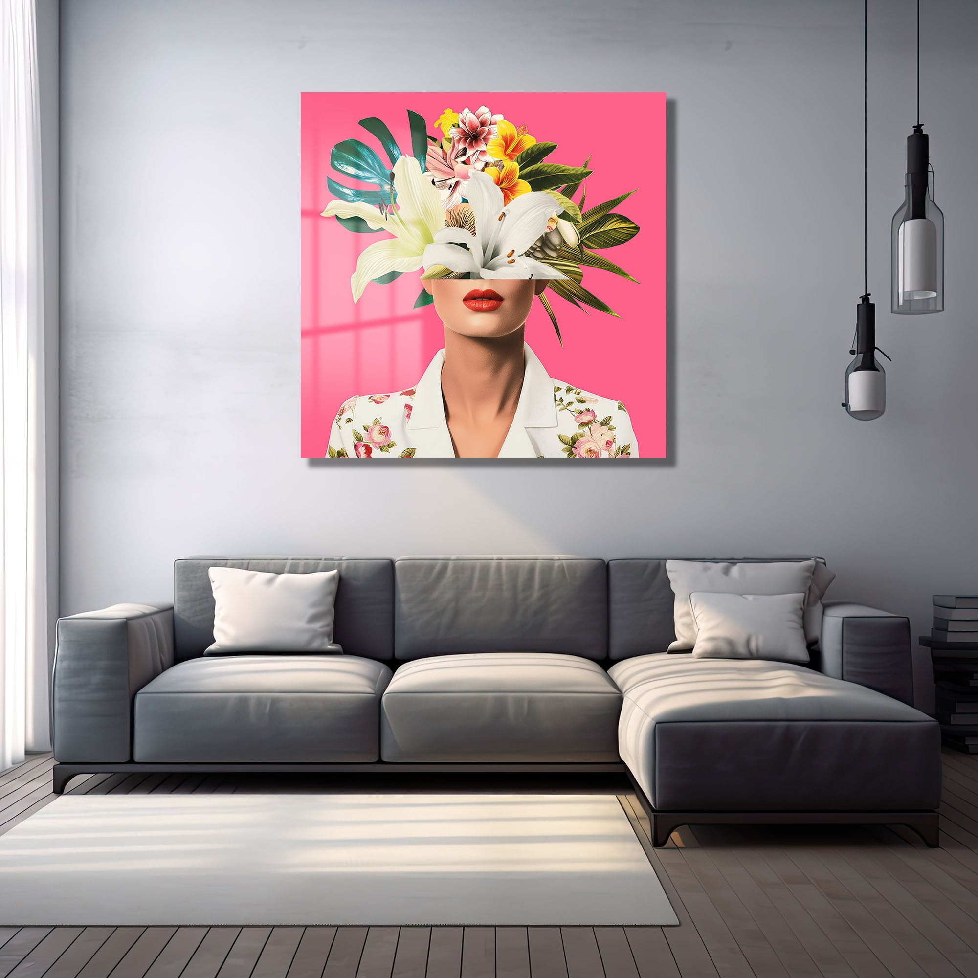 Pembe Fonda Tropik Çiçekler: Modern Kadın Portre Cam Tablo Duvar Dekoru cam tablo, duvar sanatı, modern dekorasyon, soyut sanat, cam sanat eserleri, iç mekan dekorasyonu, ofis dekorasyonu, ev dekorasyonu, restoran dekorasyonu, cafe dekorasyonu, cam baskı, UV baskı, estetik duvar sanatı