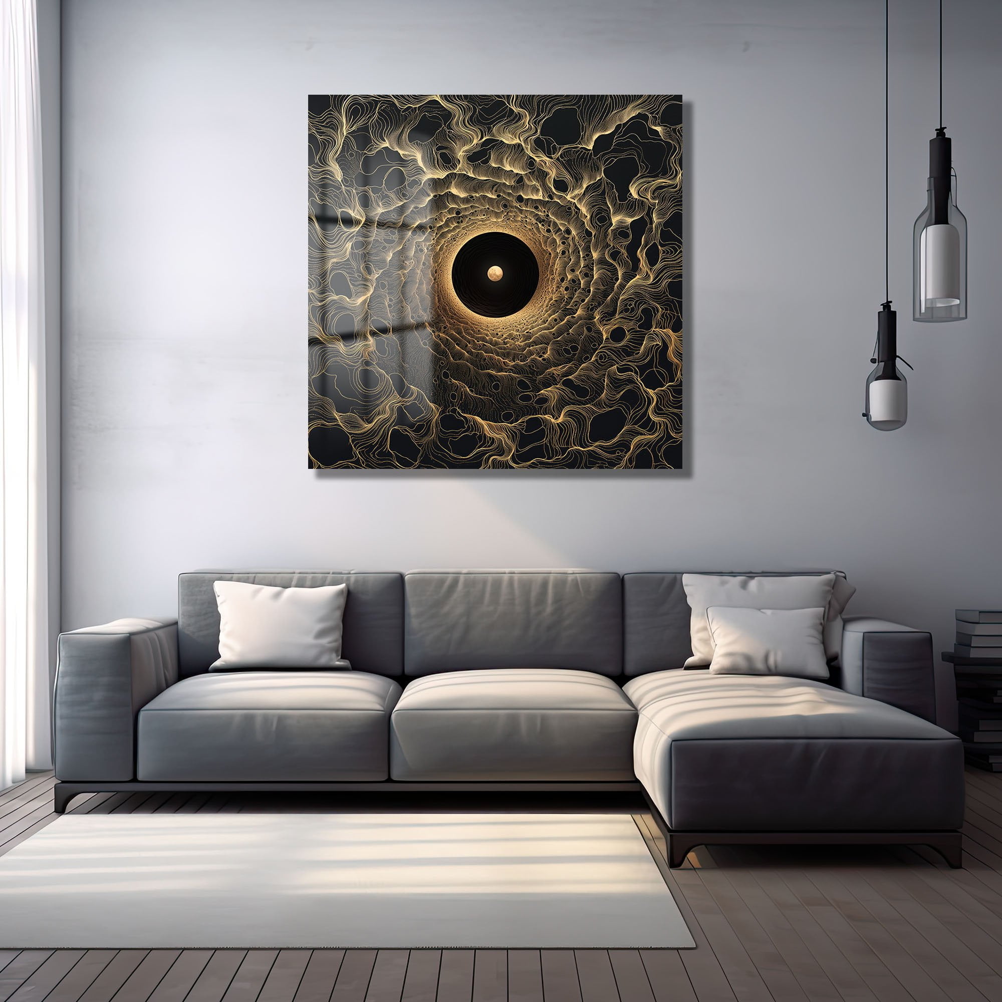 Evrensel Tünel: Altın Dalgalı Modern Cam Tablo Duvar Dekoru cam tablo, duvar sanatı, modern dekorasyon, soyut sanat, cam sanat eserleri, iç mekan dekorasyonu, ofis dekorasyonu, ev dekorasyonu, restoran dekorasyonu, cafe dekorasyonu, cam baskı, UV baskı, estetik duvar sanatı