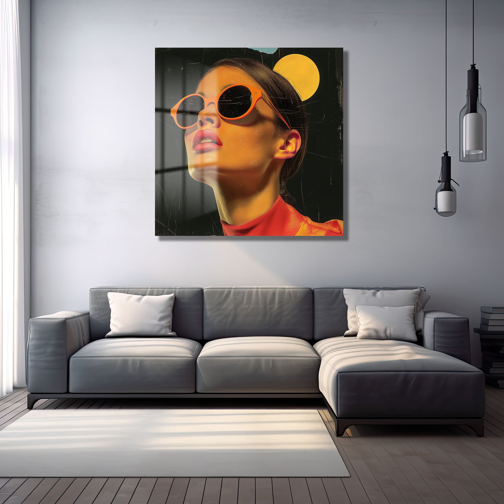 Neon Rüyalar: Turuncu Güneş Gözlüklü Modern Kadın Portresi Cam Tablo Duvar Dekoru cam tablo, duvar sanatı, modern dekorasyon, soyut sanat, cam sanat eserleri, iç mekan dekorasyonu, ofis dekorasyonu, ev dekorasyonu, restoran dekorasyonu, cafe dekorasyonu, cam baskı, UV baskı, estetik duvar sanatı