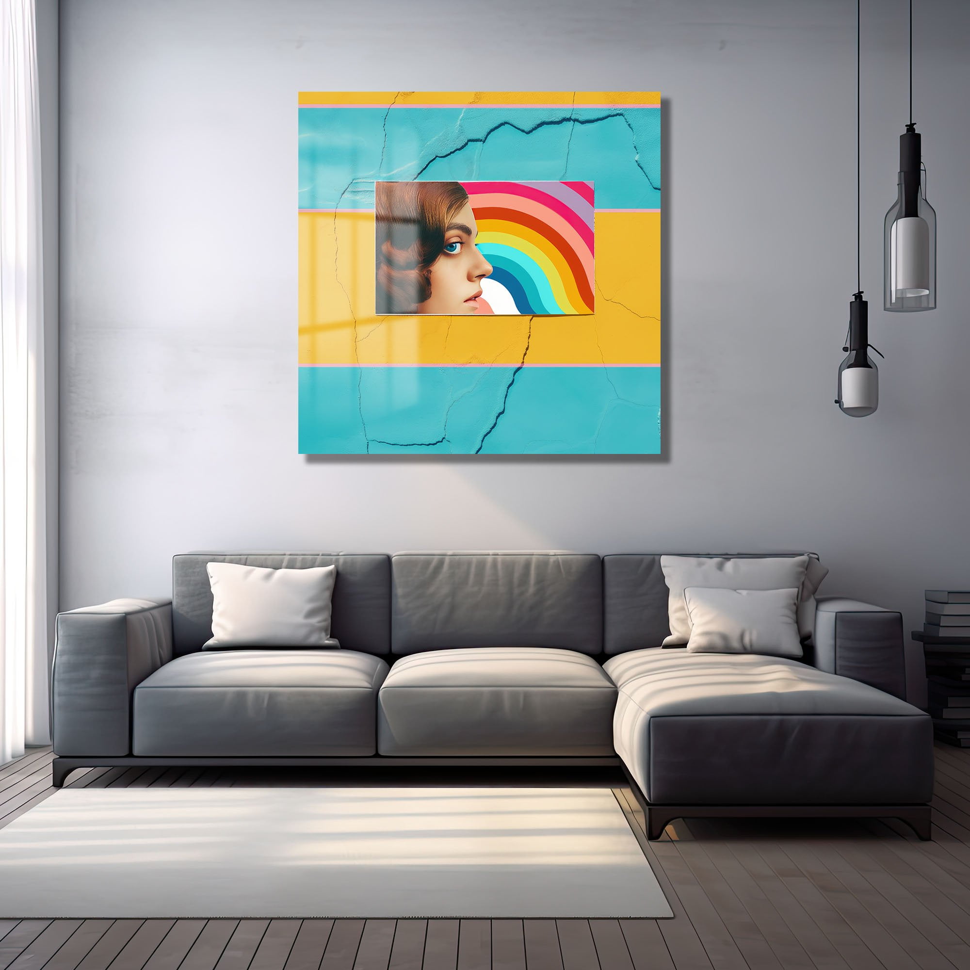 Pop Art Rüyası: Gökkuşağı ve Kadın Profili Modern Cam Tablo Duvar Dekoru cam tablo, duvar sanatı, modern dekorasyon, soyut sanat, cam sanat eserleri, iç mekan dekorasyonu, ofis dekorasyonu, ev dekorasyonu, restoran dekorasyonu, cafe dekorasyonu, cam baskı, UV baskı, estetik duvar sanatı