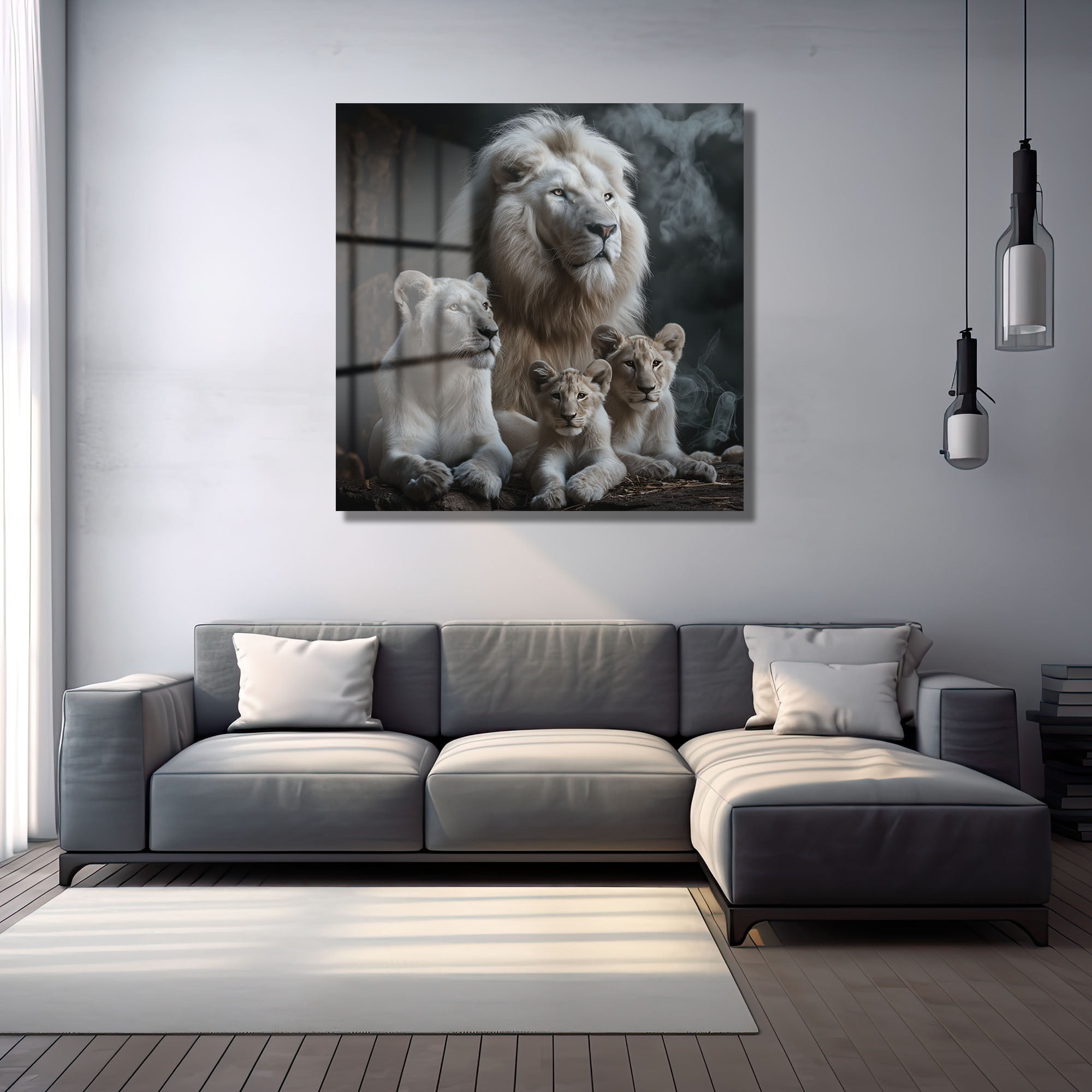 Beyaz Aslan Ailesi: Güç ve Asaletin Temperli Cam Tablosu Duvar Dekoru cam tablo, duvar sanatı, modern dekorasyon, soyut sanat, cam sanat eserleri, iç mekan dekorasyonu, ofis dekorasyonu, ev dekorasyonu, restoran dekorasyonu, cafe dekorasyonu, cam baskı, UV baskı, estetik duvar sanatı