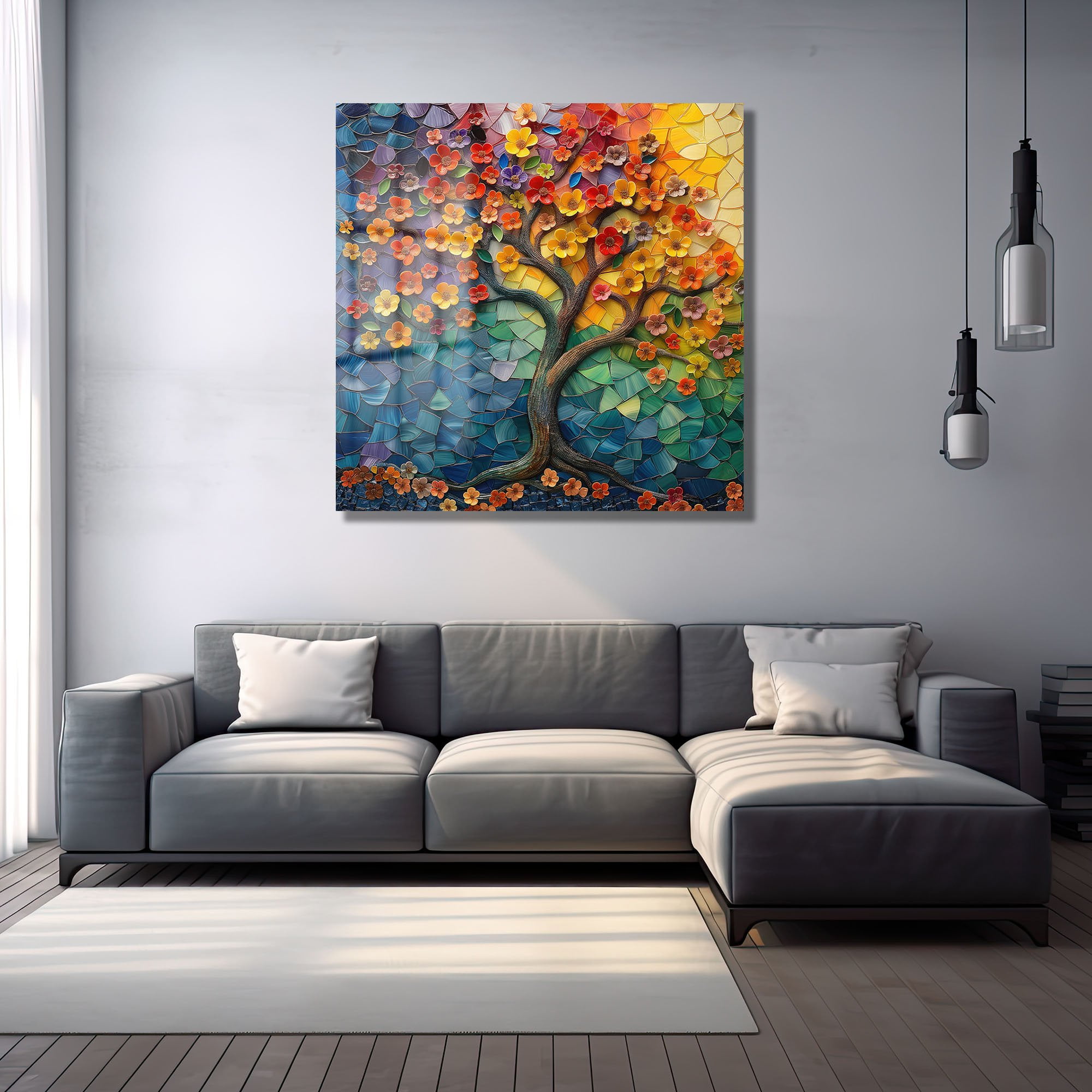 Hayat Ağacı: Renkli Mozaik Desenli Temperli Cam Tablo Duvar Dekoru cam tablo, duvar sanatı, modern dekorasyon, soyut sanat, cam sanat eserleri, iç mekan dekorasyonu, ofis dekorasyonu, ev dekorasyonu, restoran dekorasyonu, cafe dekorasyonu, cam baskı, UV baskı, estetik duvar sanatı