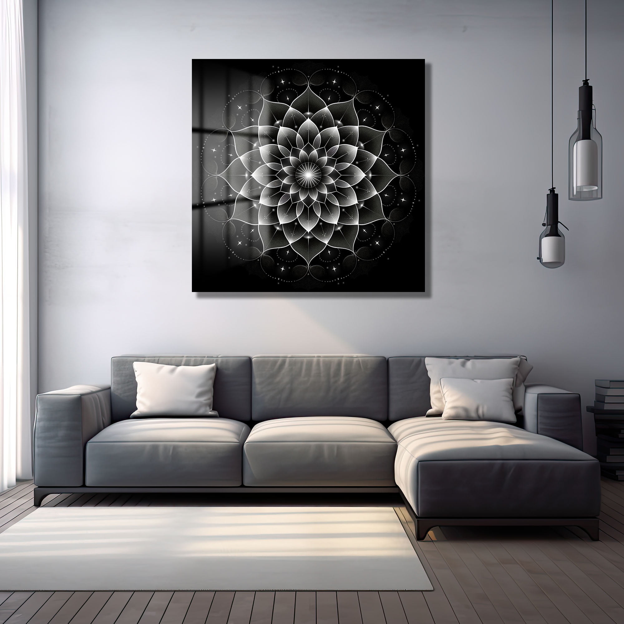 Sonsuzluk Mandalı: Siyah Beyaz Modern Cam Tablo Duvar Dekoru cam tablo, duvar sanatı, modern dekorasyon, soyut sanat, cam sanat eserleri, iç mekan dekorasyonu, ofis dekorasyonu, ev dekorasyonu, restoran dekorasyonu, cafe dekorasyonu, cam baskı, UV baskı, estetik duvar sanatı