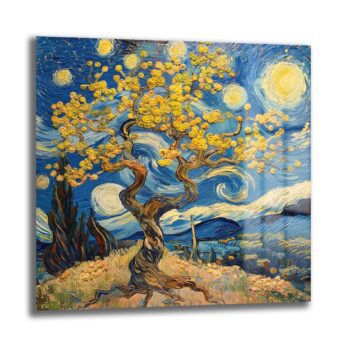Yıldızlı Gece Sarısı: Van Gogh Tarzı Temperli Cam Tablo - Glazella