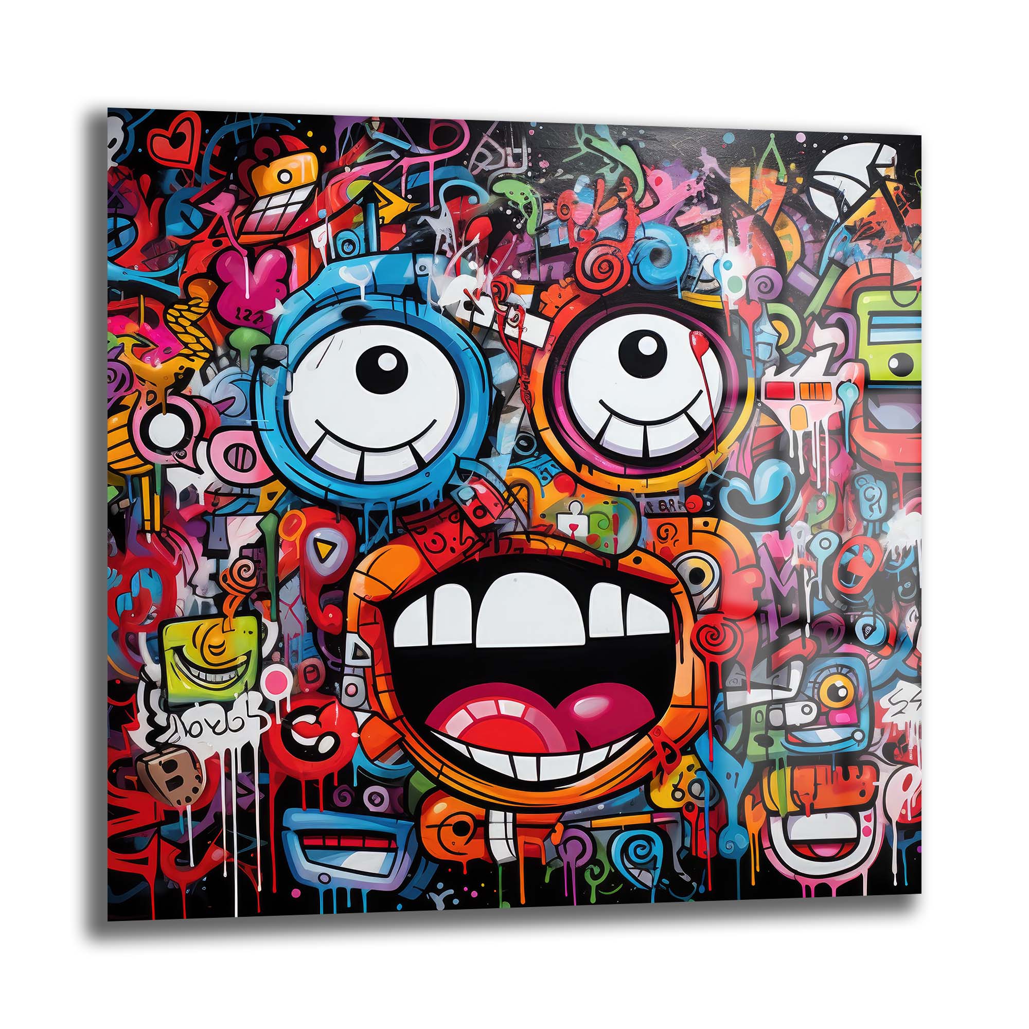 Enerjik Graffiti Yüzler: Renkli Sokak Sanatı Temperli Cam Tablo Duvar Dekoru cam tablo, duvar sanatı, modern dekorasyon, soyut sanat, cam sanat eserleri, iç mekan dekorasyonu, ofis dekorasyonu, ev dekorasyonu, restoran dekorasyonu, cafe dekorasyonu, cam baskı, UV baskı, estetik duvar sanatı