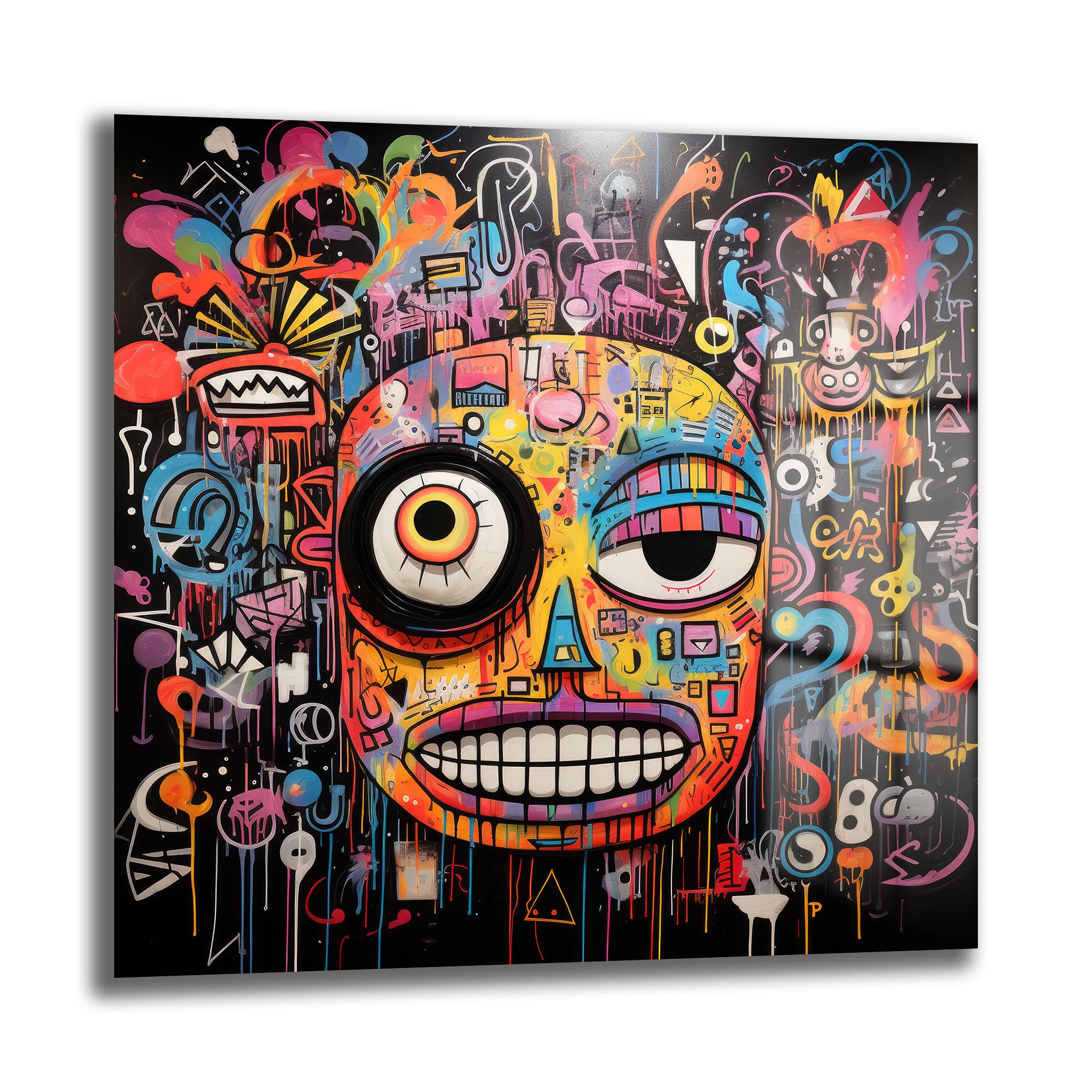 Enerjik Kaos: Canlı Graffiti Yüz Cam Tablo Duvar Dekoru cam tablo, duvar sanatı, modern dekorasyon, soyut sanat, cam sanat eserleri, iç mekan dekorasyonu, ofis dekorasyonu, ev dekorasyonu, restoran dekorasyonu, cafe dekorasyonu, cam baskı, UV baskı, estetik duvar sanatı