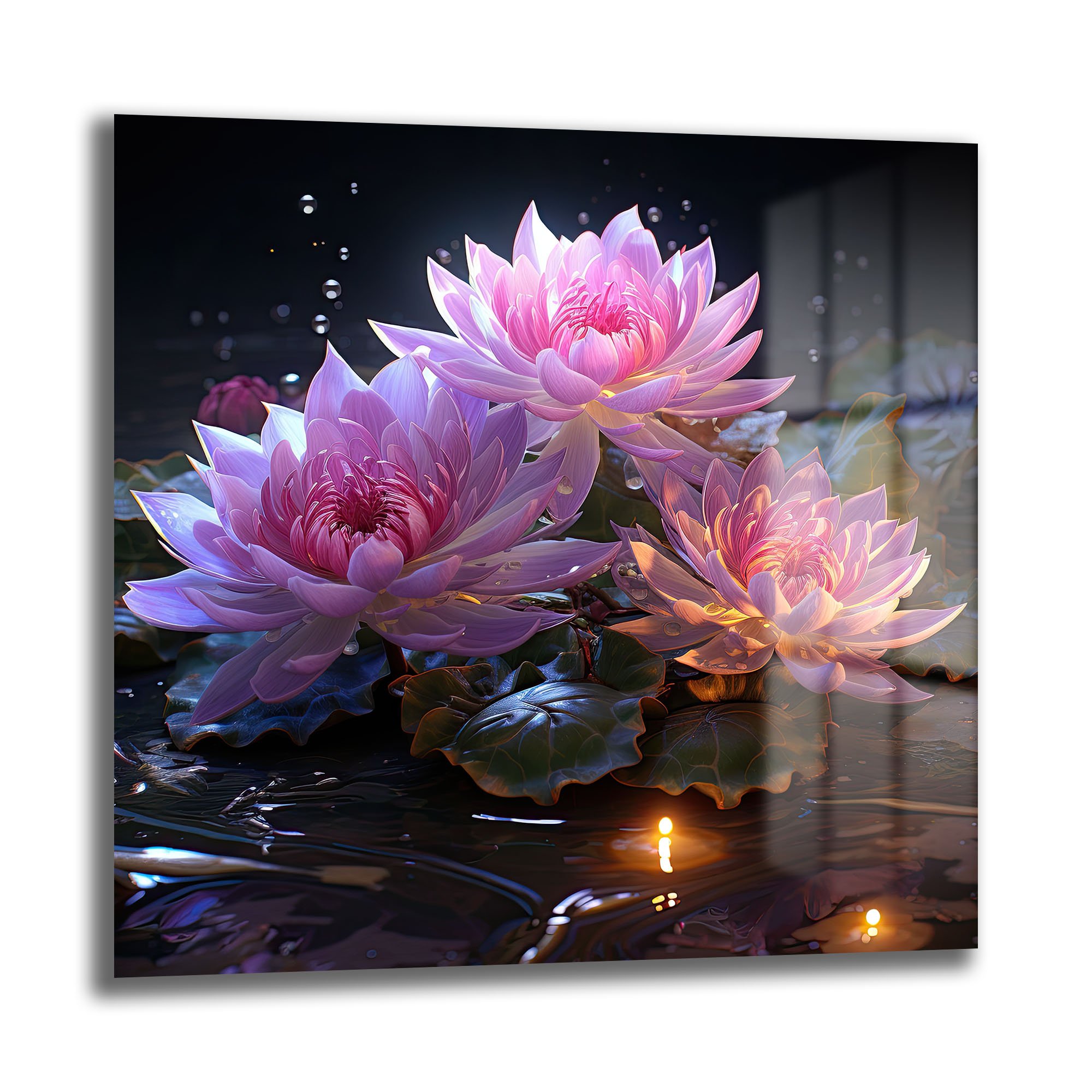 Efsunlu Nilüferler: Işıltılı Pembe Lotus Çiçekleri Temperli Cam Tablo Duvar Dekoru cam tablo, duvar sanatı, modern dekorasyon, soyut sanat, cam sanat eserleri, iç mekan dekorasyonu, ofis dekorasyonu, ev dekorasyonu, restoran dekorasyonu, cafe dekorasyonu, cam baskı, UV baskı, estetik duvar sanatı