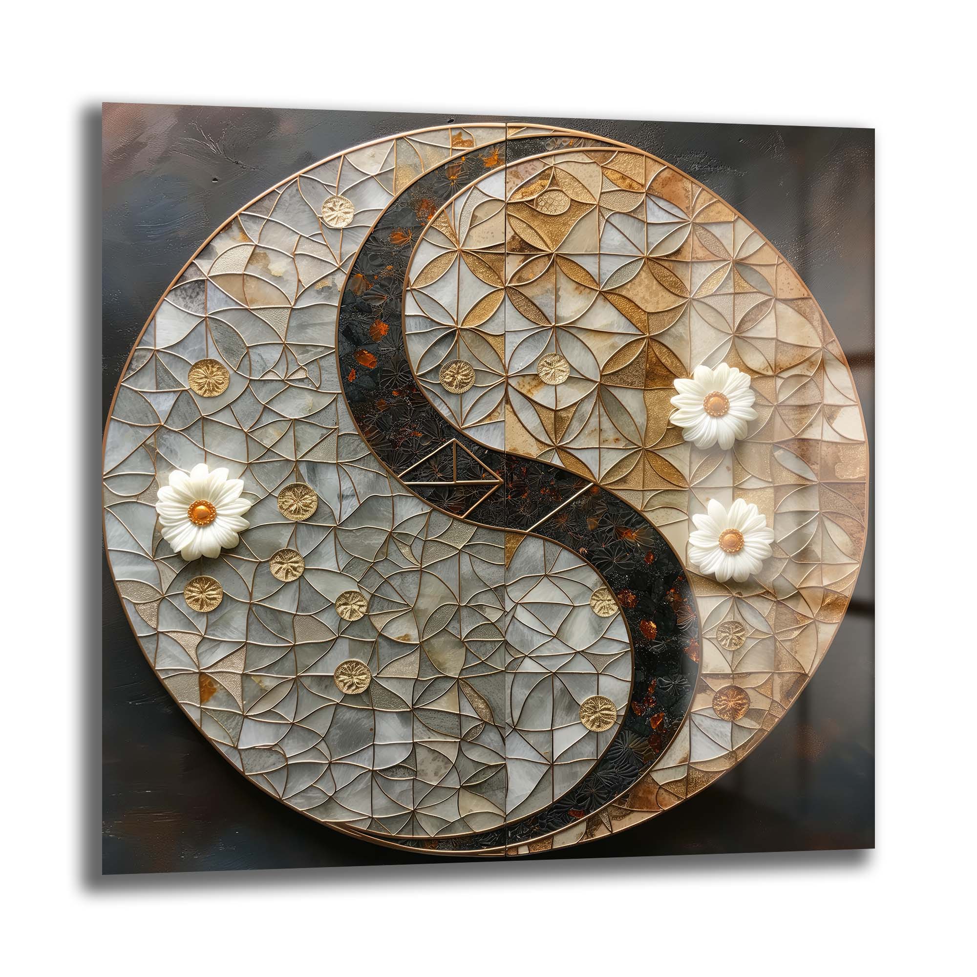 Yin Yang Dengesi: Beyaz Çiçekli Modern Geometrik Cam Tablo Duvar Dekoru cam tablo, duvar sanatı, modern dekorasyon, soyut sanat, cam sanat eserleri, iç mekan dekorasyonu, ofis dekorasyonu, ev dekorasyonu, restoran dekorasyonu, cafe dekorasyonu, cam baskı, UV baskı, estetik duvar sanatı