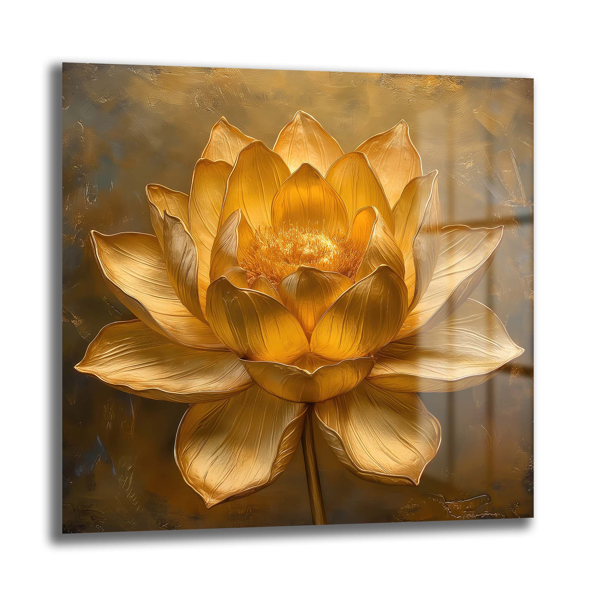 Altın Lotus İhtişamı: Modern Dekoratif Cam Tablo Duvar Dekoru cam tablo, duvar sanatı, modern dekorasyon, soyut sanat, cam sanat eserleri, iç mekan dekorasyonu, ofis dekorasyonu, ev dekorasyonu, restoran dekorasyonu, cafe dekorasyonu, cam baskı, UV baskı, estetik duvar sanatı