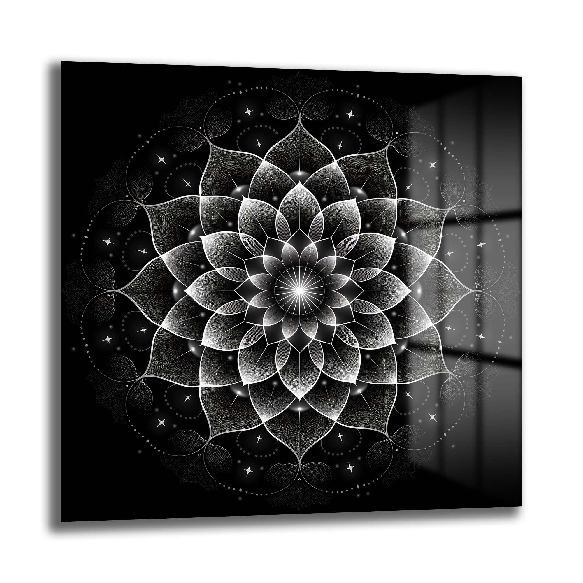 Sonsuzluk Mandalı: Siyah Beyaz Modern Cam Tablo Duvar Dekoru cam tablo, duvar sanatı, modern dekorasyon, soyut sanat, cam sanat eserleri, iç mekan dekorasyonu, ofis dekorasyonu, ev dekorasyonu, restoran dekorasyonu, cafe dekorasyonu, cam baskı, UV baskı, estetik duvar sanatı