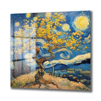 Yıldızlı Gece Sarısı: Van Gogh Tarzı Temperli Cam Tablo - Glazella