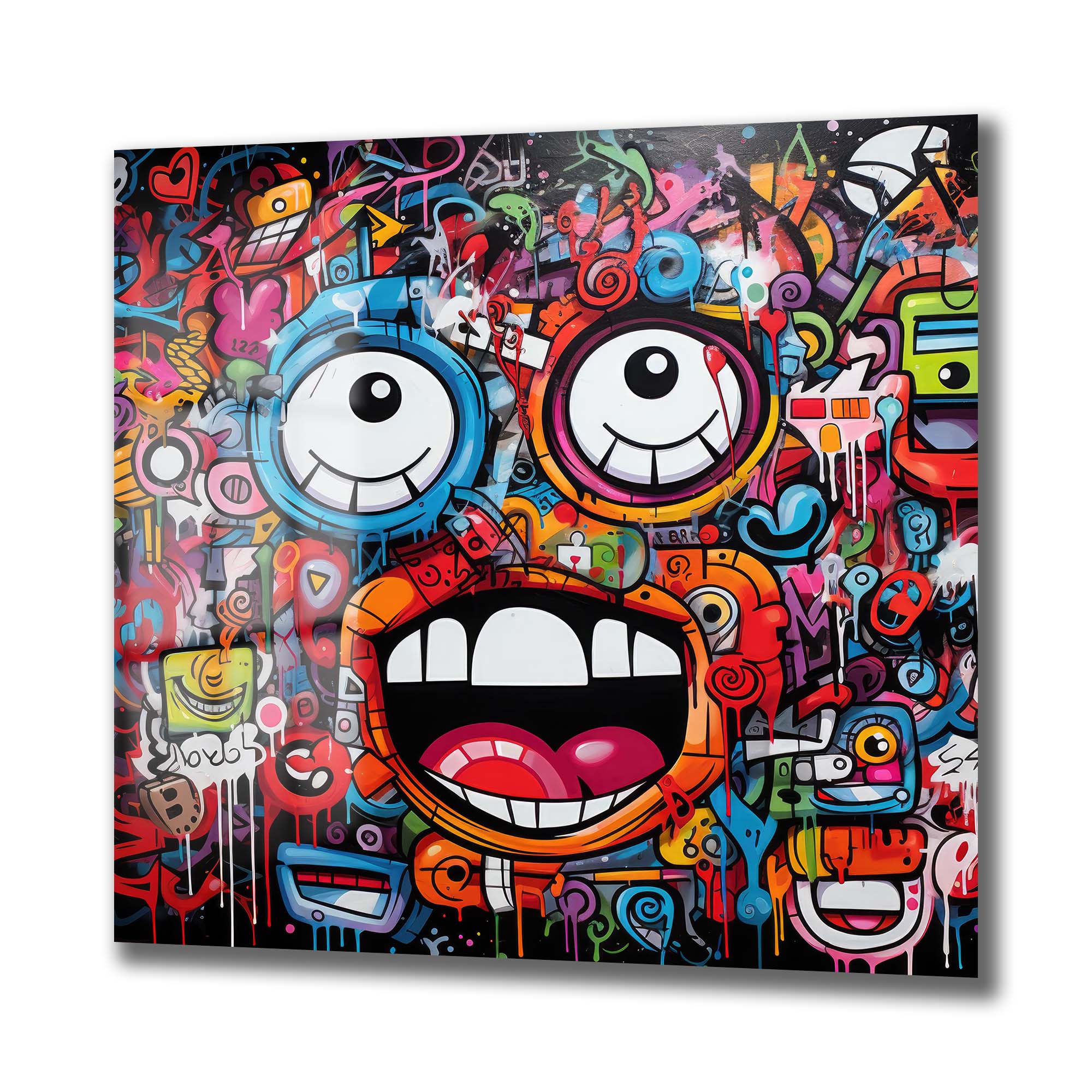 Enerjik Graffiti Yüzler: Renkli Sokak Sanatı Temperli Cam Tablo Duvar Dekoru cam tablo, duvar sanatı, modern dekorasyon, soyut sanat, cam sanat eserleri, iç mekan dekorasyonu, ofis dekorasyonu, ev dekorasyonu, restoran dekorasyonu, cafe dekorasyonu, cam baskı, UV baskı, estetik duvar sanatı