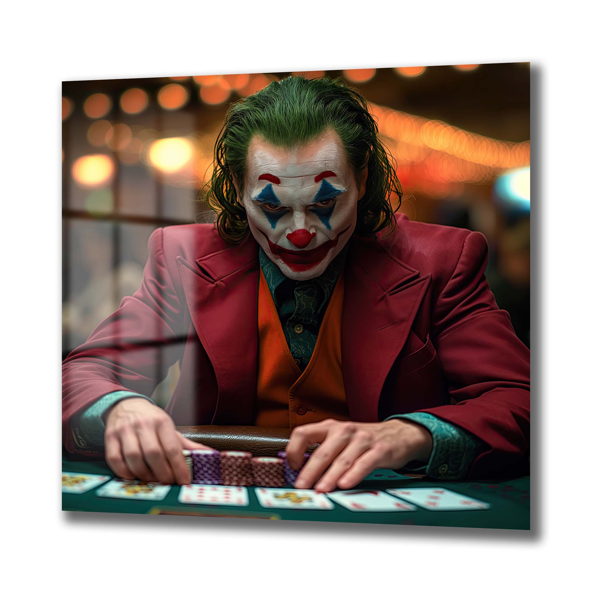 Joker Poker Yüzleşmesi: Gerilimli Sinematik Cam Tablo Duvar Dekoru cam tablo, duvar sanatı, modern dekorasyon, soyut sanat, cam sanat eserleri, iç mekan dekorasyonu, ofis dekorasyonu, ev dekorasyonu, restoran dekorasyonu, cafe dekorasyonu, cam baskı, UV baskı, estetik duvar sanatı