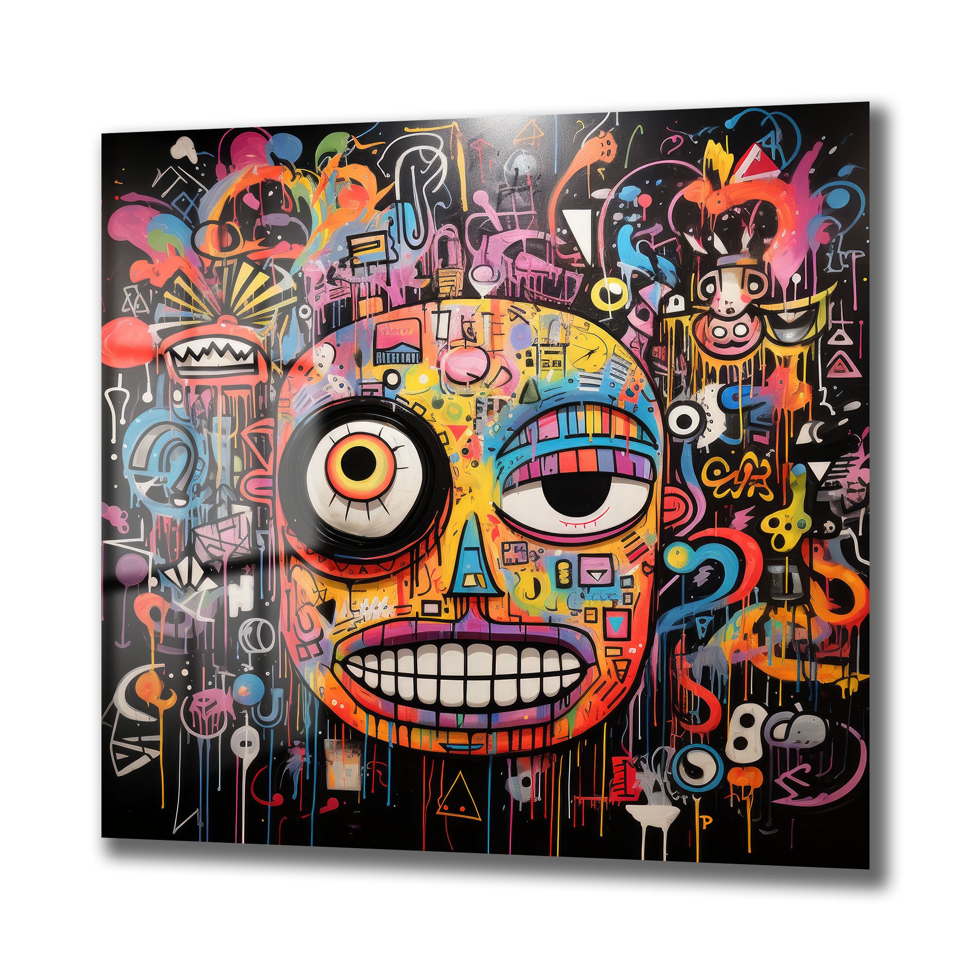 Enerjik Kaos: Canlı Graffiti Yüz Cam Tablo Duvar Dekoru cam tablo, duvar sanatı, modern dekorasyon, soyut sanat, cam sanat eserleri, iç mekan dekorasyonu, ofis dekorasyonu, ev dekorasyonu, restoran dekorasyonu, cafe dekorasyonu, cam baskı, UV baskı, estetik duvar sanatı