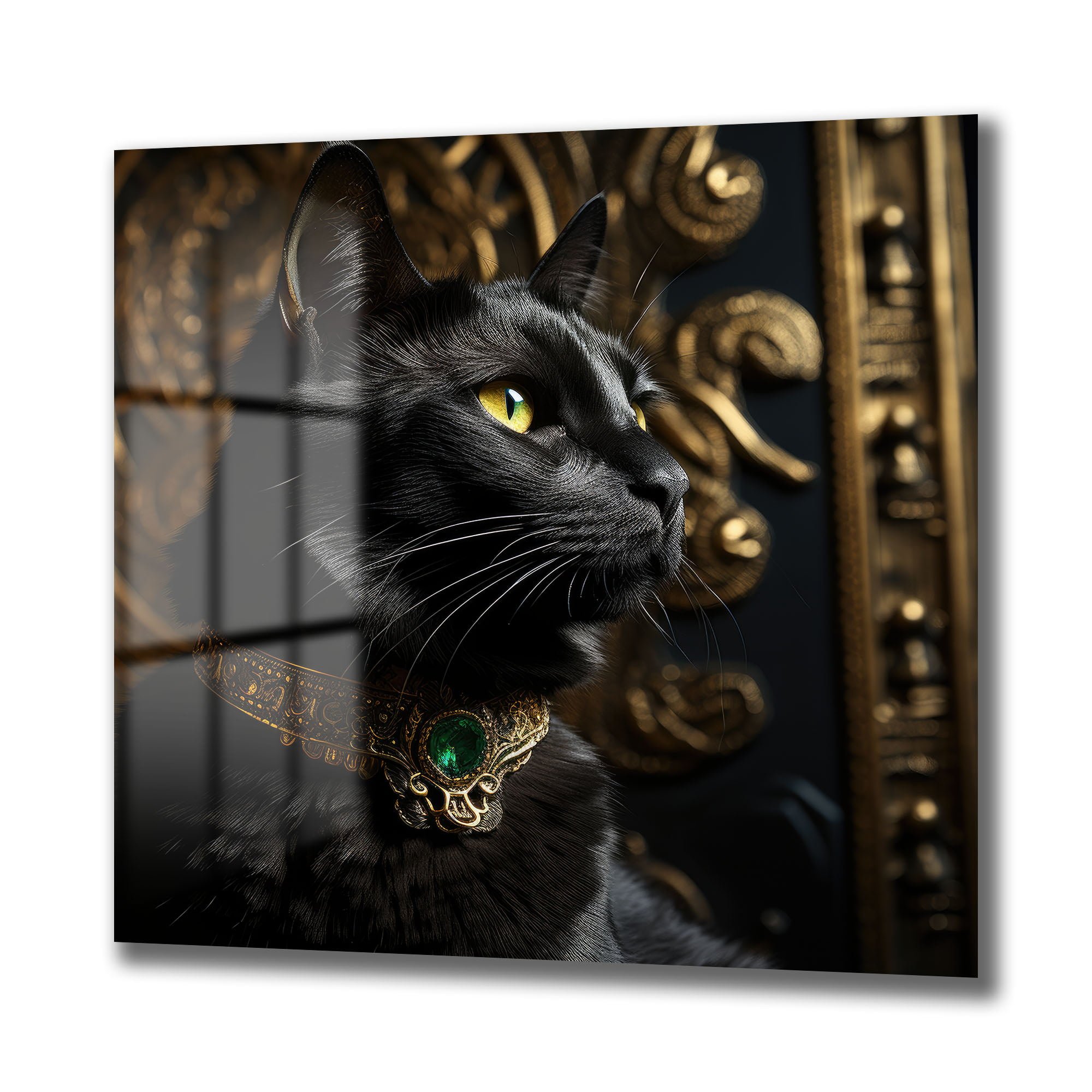 Asil Kedi Portresi: Zümrüt Yakalı Siyah Kedi Cam Tablo Duvar Dekoru cam tablo, duvar sanatı, modern dekorasyon, soyut sanat, cam sanat eserleri, iç mekan dekorasyonu, ofis dekorasyonu, ev dekorasyonu, restoran dekorasyonu, cafe dekorasyonu, cam baskı, UV baskı, estetik duvar sanatı