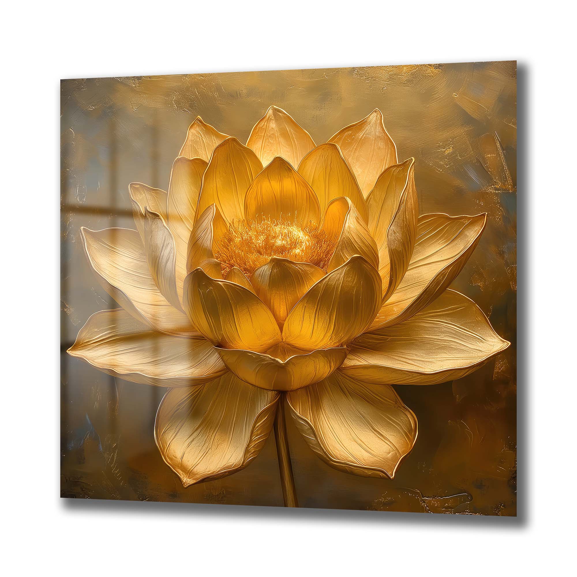 Altın Lotus İhtişamı: Modern Dekoratif Cam Tablo Duvar Dekoru cam tablo, duvar sanatı, modern dekorasyon, soyut sanat, cam sanat eserleri, iç mekan dekorasyonu, ofis dekorasyonu, ev dekorasyonu, restoran dekorasyonu, cafe dekorasyonu, cam baskı, UV baskı, estetik duvar sanatı