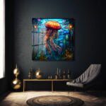 Denizlerin Işıltısı: Art Nouveau Denizanası Temperli Cam Tablo Duvar Dekoru cam tablo, duvar sanatı, modern dekorasyon, soyut sanat, cam sanat eserleri, iç mekan dekorasyonu, ofis dekorasyonu, ev dekorasyonu, restoran dekorasyonu, cafe dekorasyonu, cam baskı, UV baskı, estetik duvar sanatı