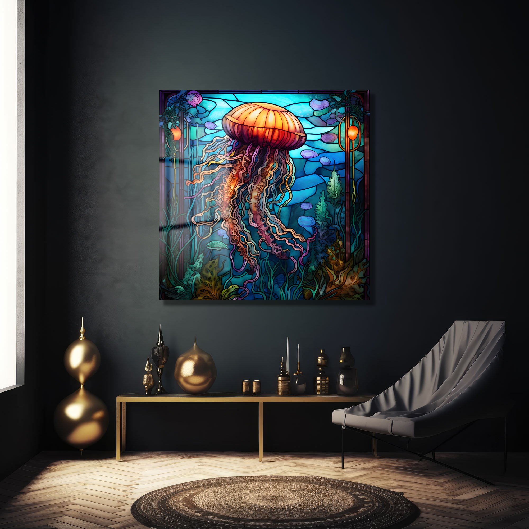 Denizlerin Işıltısı: Art Nouveau Denizanası Temperli Cam Tablo Duvar Dekoru cam tablo, duvar sanatı, modern dekorasyon, soyut sanat, cam sanat eserleri, iç mekan dekorasyonu, ofis dekorasyonu, ev dekorasyonu, restoran dekorasyonu, cafe dekorasyonu, cam baskı, UV baskı, estetik duvar sanatı