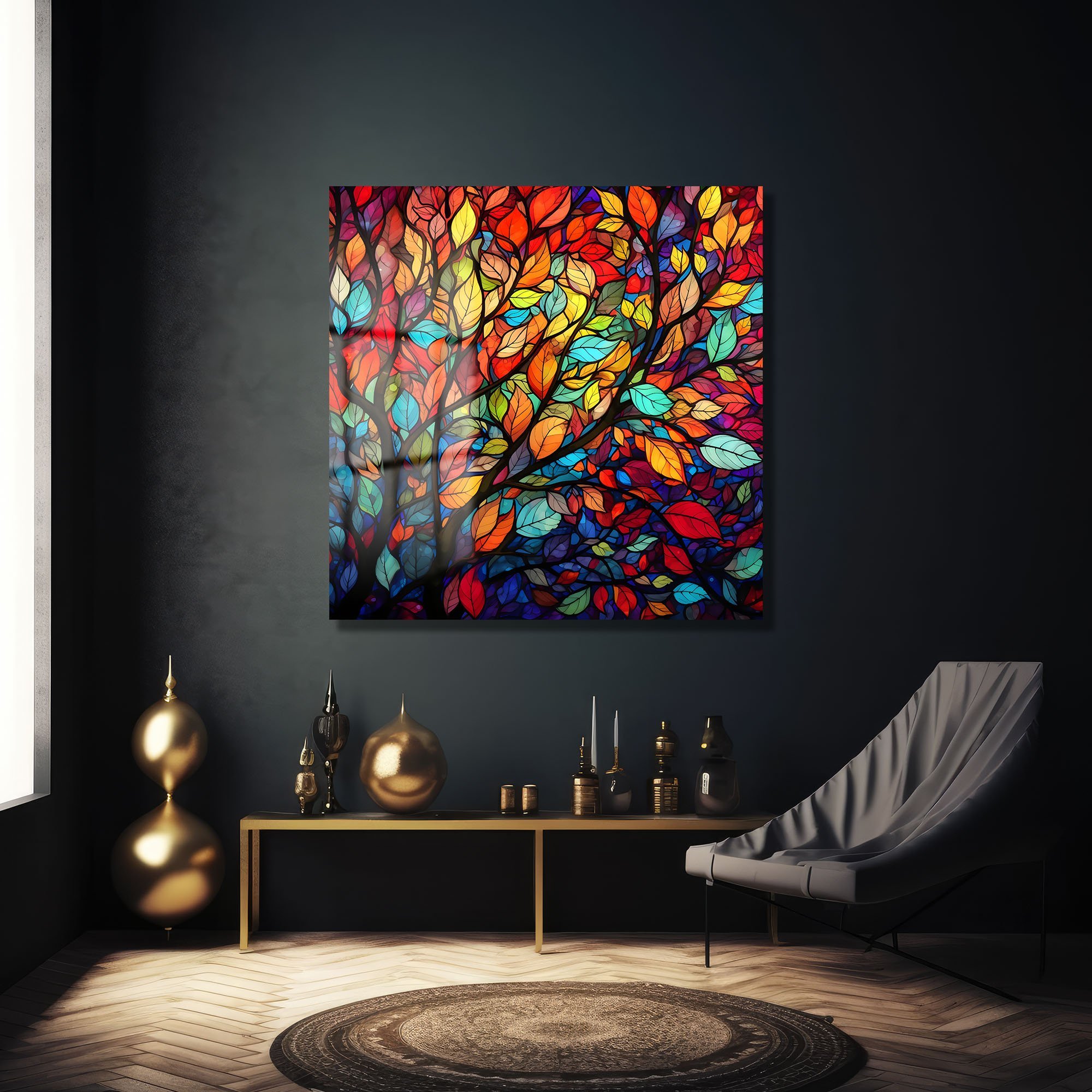 Vitray Yapraklar: Renkli Ağaç Temalı Modern Temperli Cam Tablo Duvar Dekoru cam tablo, duvar sanatı, modern dekorasyon, soyut sanat, cam sanat eserleri, iç mekan dekorasyonu, ofis dekorasyonu, ev dekorasyonu, restoran dekorasyonu, cafe dekorasyonu, cam baskı, UV baskı, estetik duvar sanatı