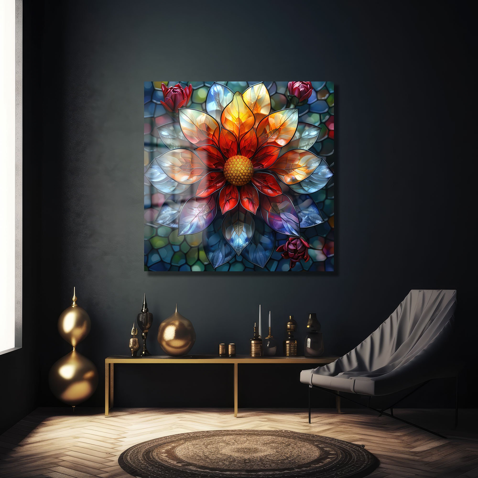 Vitray Çiçeklerin Rüyası: Modern Temperli Cam Tablo Duvar Dekoru cam tablo, duvar sanatı, modern dekorasyon, soyut sanat, cam sanat eserleri, iç mekan dekorasyonu, ofis dekorasyonu, ev dekorasyonu, restoran dekorasyonu, cafe dekorasyonu, cam baskı, UV baskı, estetik duvar sanatı