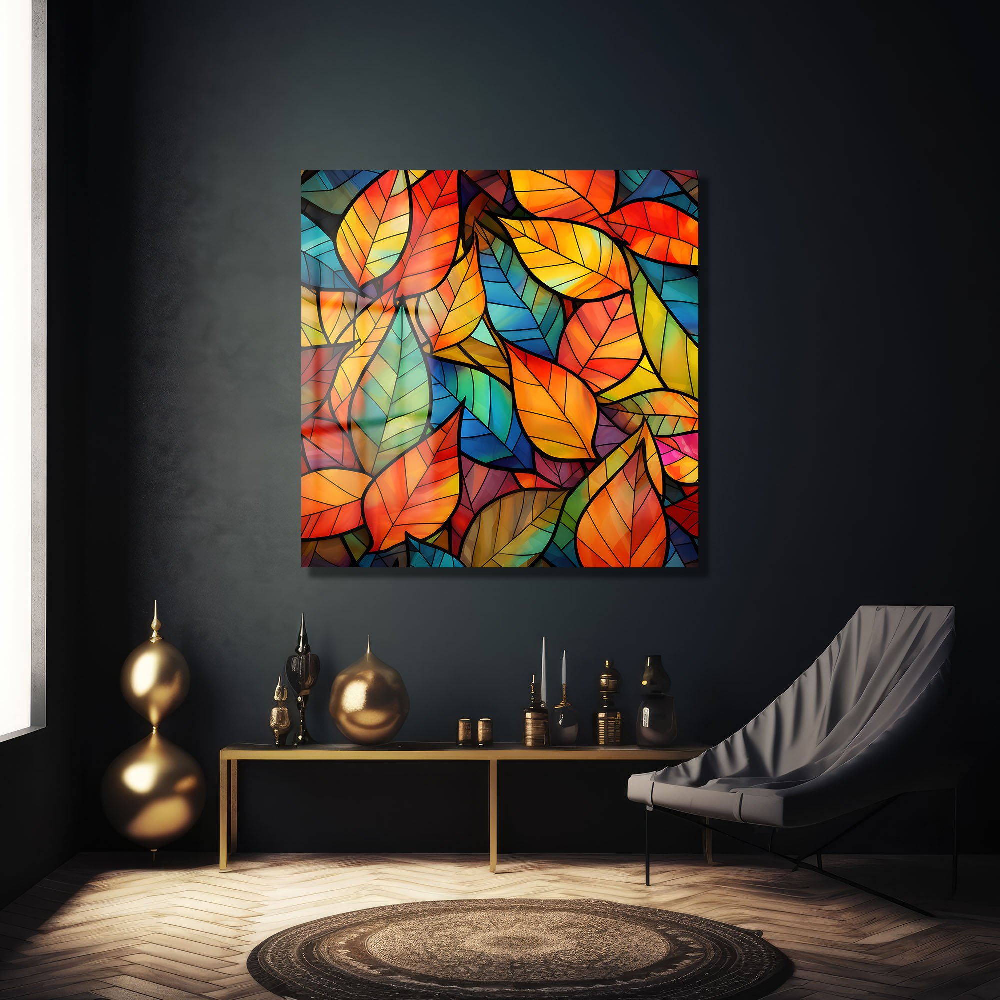 Sonbahar Rüyası: Renkli Yapraklar Stained Glass Cam Tablo Duvar Dekoru cam tablo, duvar sanatı, modern dekorasyon, soyut sanat, cam sanat eserleri, iç mekan dekorasyonu, ofis dekorasyonu, ev dekorasyonu, restoran dekorasyonu, cafe dekorasyonu, cam baskı, UV baskı, estetik duvar sanatı