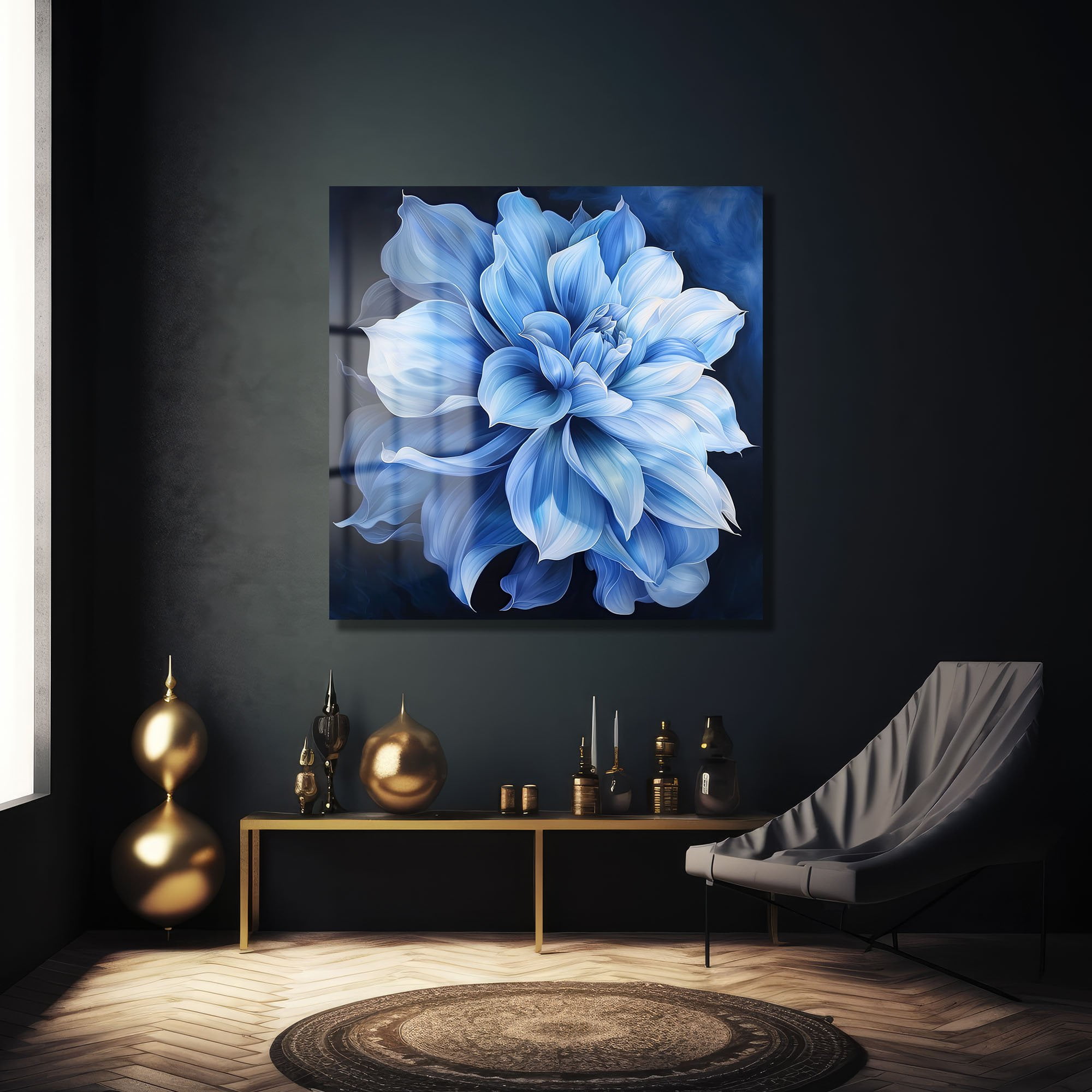 Derin Mavi Çiçek: Modern Sanat Temperli Cam Tablo Duvar Dekoru cam tablo, duvar sanatı, modern dekorasyon, soyut sanat, cam sanat eserleri, iç mekan dekorasyonu, ofis dekorasyonu, ev dekorasyonu, restoran dekorasyonu, cafe dekorasyonu, cam baskı, UV baskı, estetik duvar sanatı
