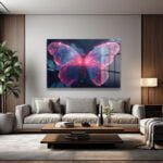 Efsunlu Kanatlar: Pembe Mavi Işıltılı Temperli Cam Tablo Duvar Dekoru cam tablo, duvar sanatı, modern dekorasyon, soyut sanat, cam sanat eserleri, iç mekan dekorasyonu, ofis dekorasyonu, ev dekorasyonu, restoran dekorasyonu, cafe dekorasyonu, cam baskı, UV baskı, estetik duvar sanatı