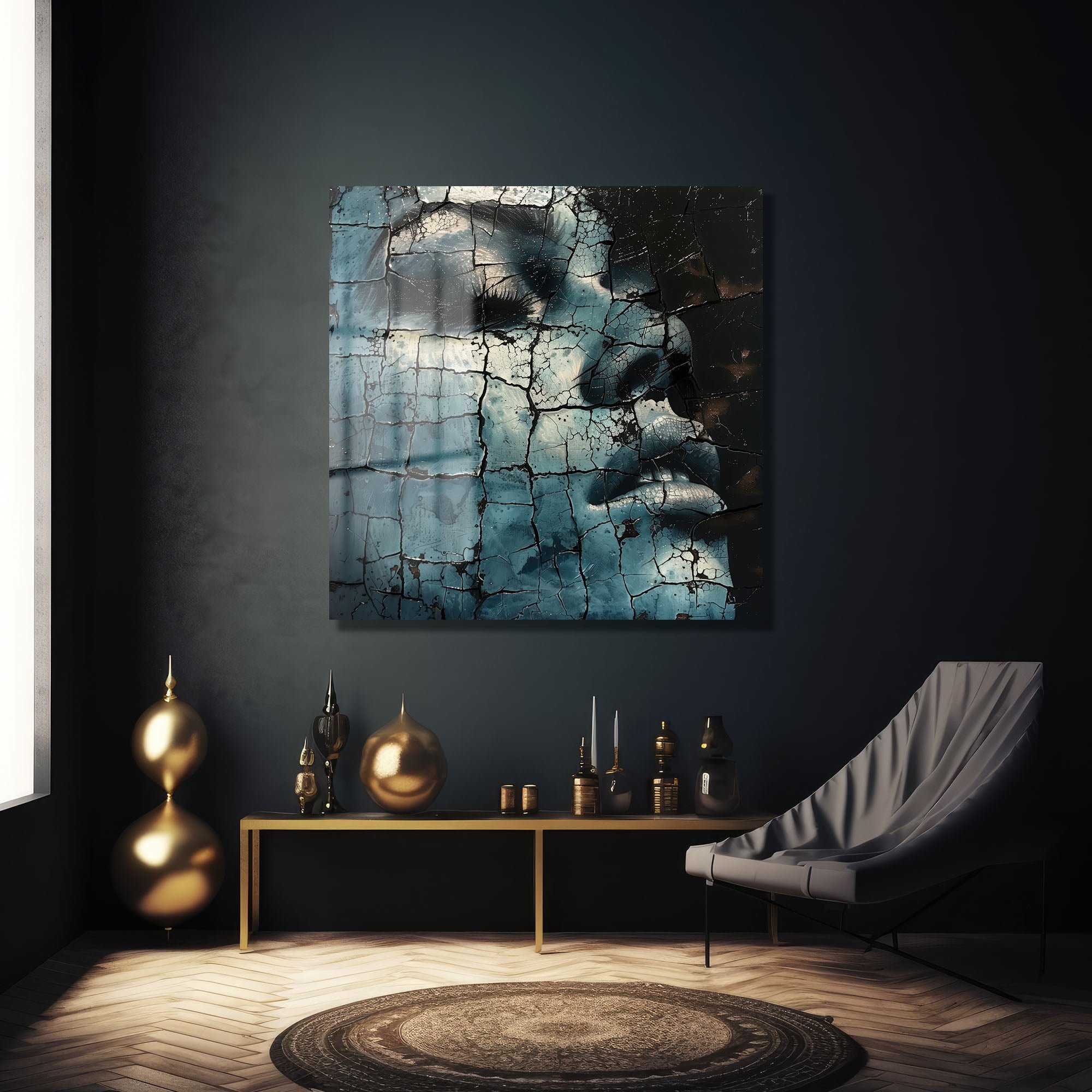 Çatlak Yüzeylerin Gizemi: Modern Mavi Soyut Cam Tablo Duvar Dekoru cam tablo, duvar sanatı, modern dekorasyon, soyut sanat, cam sanat eserleri, iç mekan dekorasyonu, ofis dekorasyonu, ev dekorasyonu, restoran dekorasyonu, cafe dekorasyonu, cam baskı, UV baskı, estetik duvar sanatı
