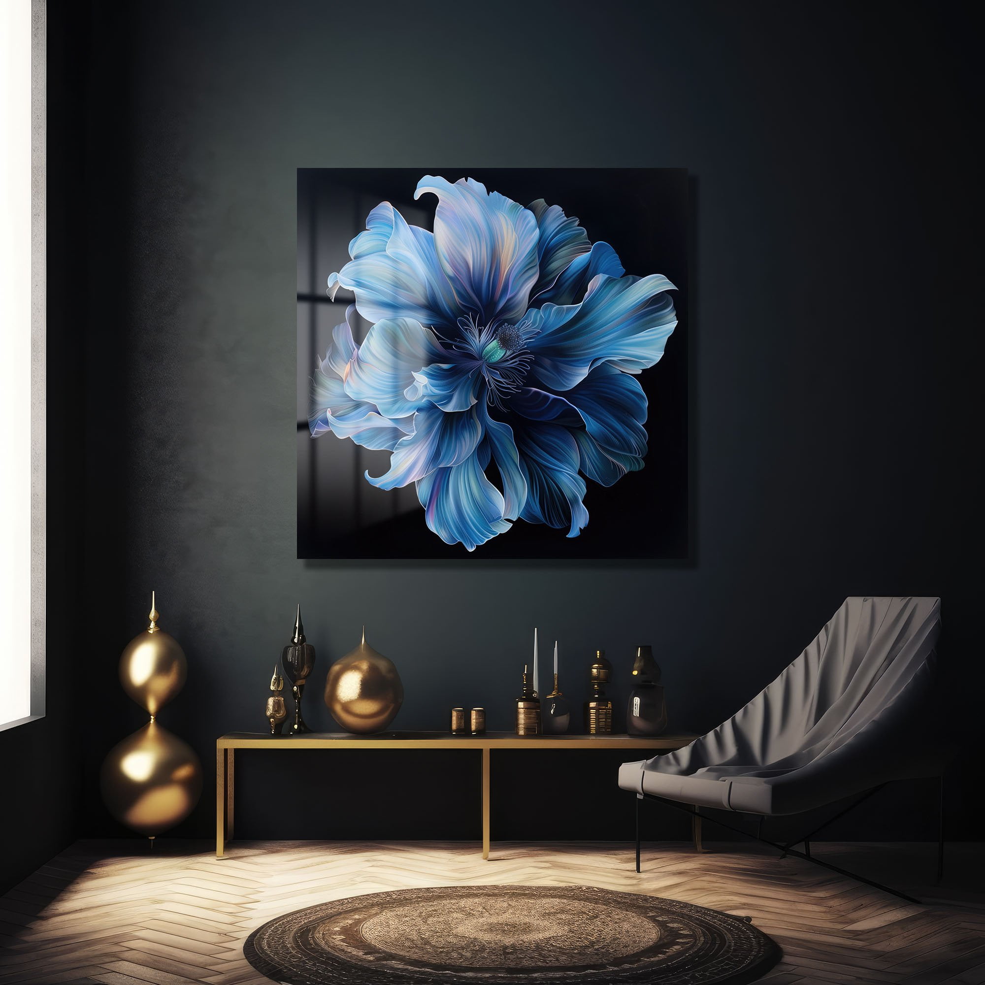 Büyüleyici Mavi Çiçek: Modern Sanat Temperli Cam Tablo Duvar Dekoru cam tablo, duvar sanatı, modern dekorasyon, soyut sanat, cam sanat eserleri, iç mekan dekorasyonu, ofis dekorasyonu, ev dekorasyonu, restoran dekorasyonu, cafe dekorasyonu, cam baskı, UV baskı, estetik duvar sanatı