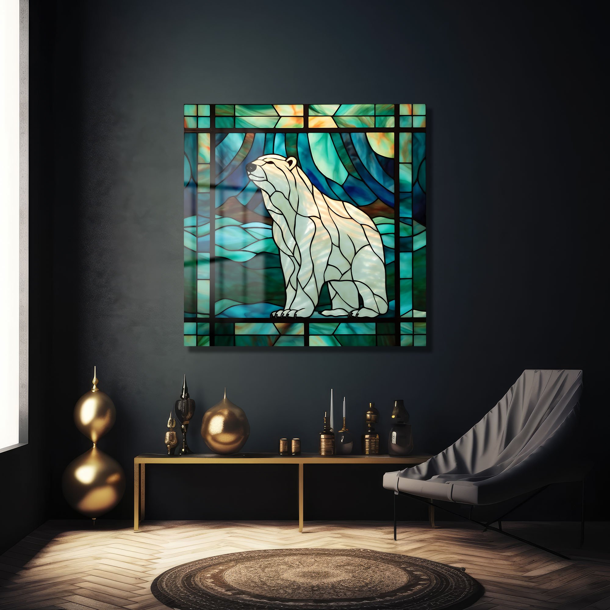 Buzların Hükümdarı: Stained Glass Kutup Ayısı Temperli Cam Tablo Duvar Dekoru cam tablo, duvar sanatı, modern dekorasyon, soyut sanat, cam sanat eserleri, iç mekan dekorasyonu, ofis dekorasyonu, ev dekorasyonu, restoran dekorasyonu, cafe dekorasyonu, cam baskı, UV baskı, estetik duvar sanatı