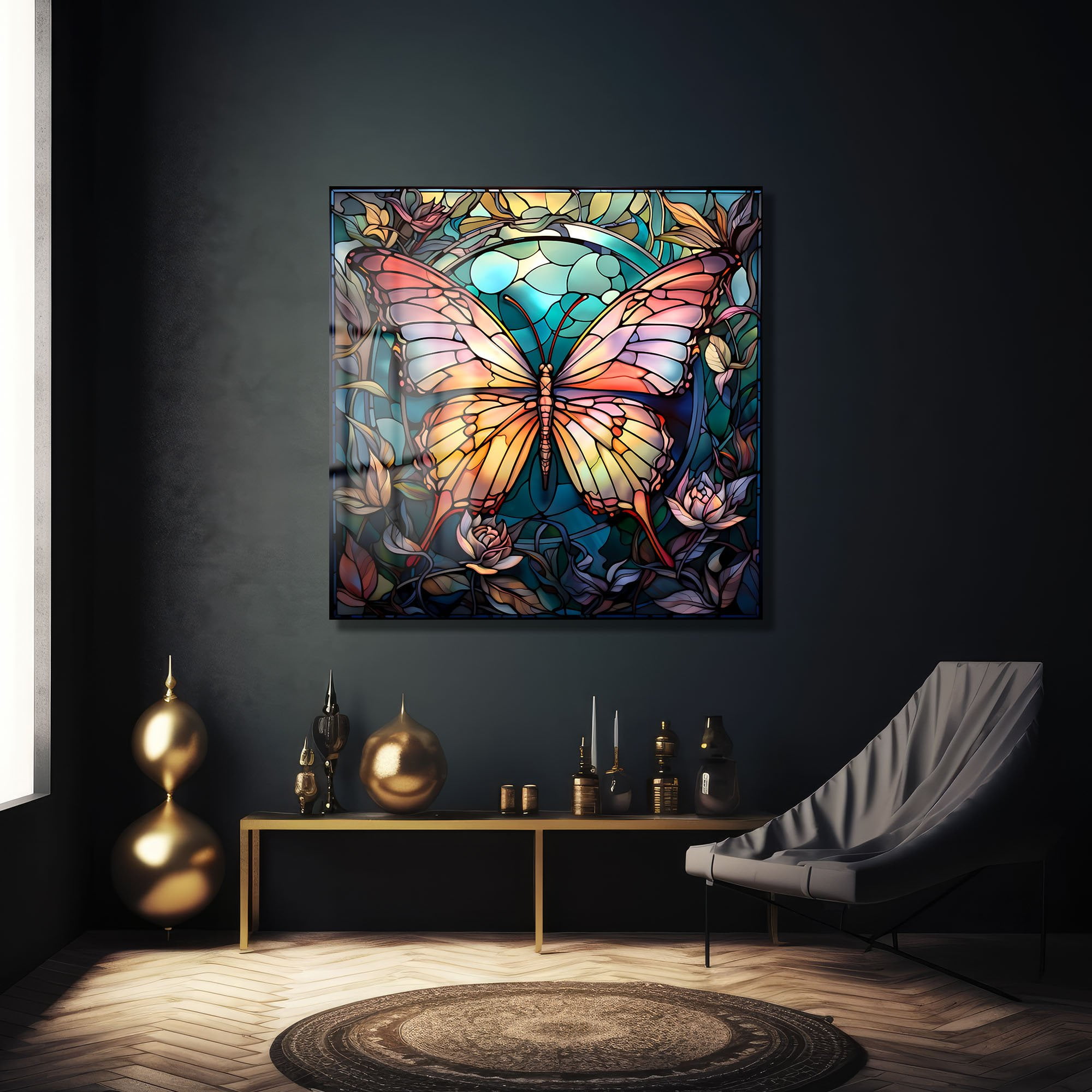 Vitray Kelebek Dansı: Canlı Renklerde Sanatsal Cam Tablo Duvar Dekoru cam tablo, duvar sanatı, modern dekorasyon, soyut sanat, cam sanat eserleri, iç mekan dekorasyonu, ofis dekorasyonu, ev dekorasyonu, restoran dekorasyonu, cafe dekorasyonu, cam baskı, UV baskı, estetik duvar sanatı