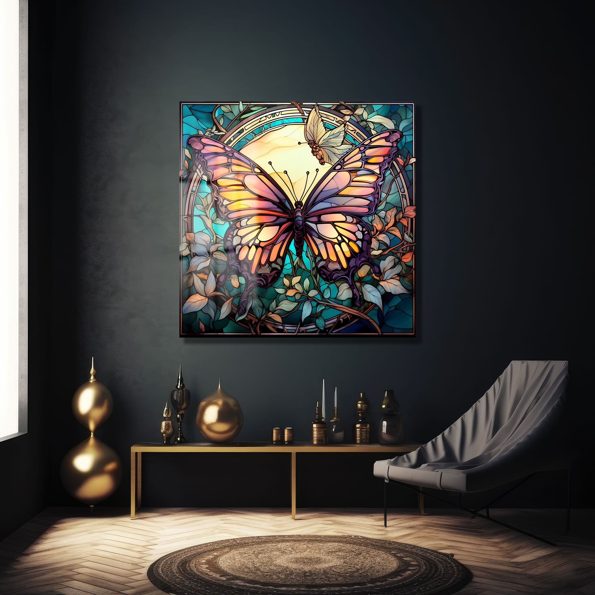 Vitray Kelebek Dansı: Canlı Renklerle Temperli Cam Tablo Duvar Dekoru cam tablo, duvar sanatı, modern dekorasyon, soyut sanat, cam sanat eserleri, iç mekan dekorasyonu, ofis dekorasyonu, ev dekorasyonu, restoran dekorasyonu, cafe dekorasyonu, cam baskı, UV baskı, estetik duvar sanatı