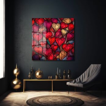 Aşkın Rengi: Kırmızı Vitray Kalpler Modern Cam Tablo - Glazella