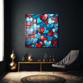 Aşkın Vitray Dansı: Kırmızı ve Mavi Kalpler Temalı Modern Cam Tablo - Glazella