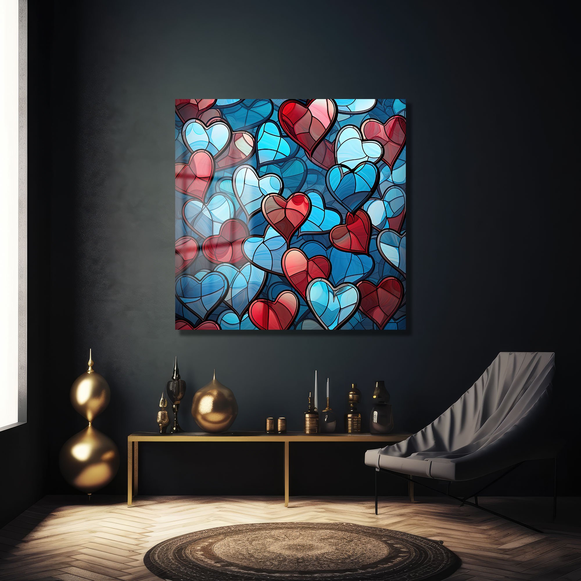Aşkın Vitray Dansı: Kırmızı ve Mavi Kalpler Temalı Modern Cam Tablo Duvar Dekoru cam tablo, duvar sanatı, modern dekorasyon, soyut sanat, cam sanat eserleri, iç mekan dekorasyonu, ofis dekorasyonu, ev dekorasyonu, restoran dekorasyonu, cafe dekorasyonu, cam baskı, UV baskı, estetik duvar sanatı