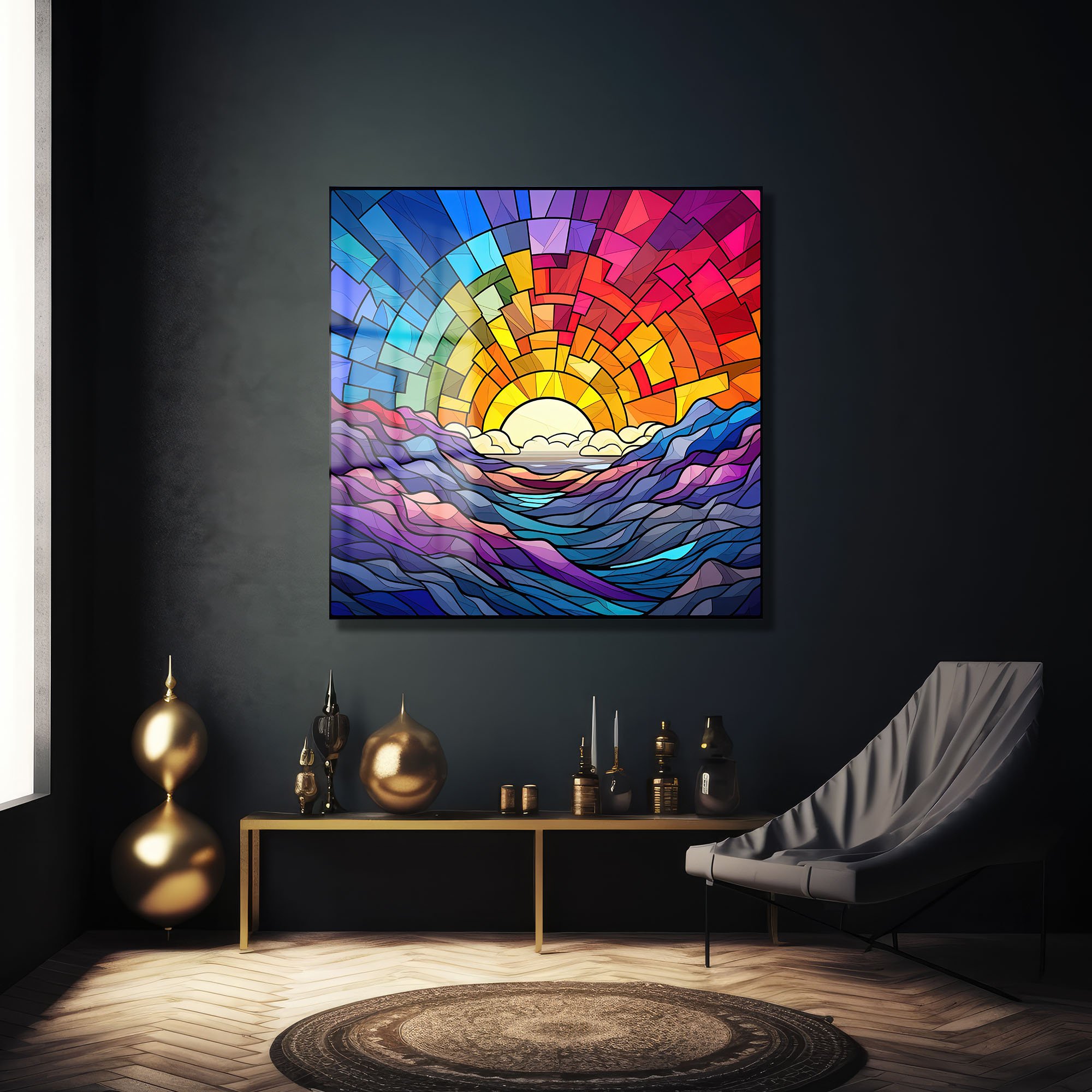 Vitray Sanatı Gün Batımı: Renkli Deniz Manzaralı Temperli Cam Tablo Duvar Dekoru cam tablo, duvar sanatı, modern dekorasyon, soyut sanat, cam sanat eserleri, iç mekan dekorasyonu, ofis dekorasyonu, ev dekorasyonu, restoran dekorasyonu, cafe dekorasyonu, cam baskı, UV baskı, estetik duvar sanatı