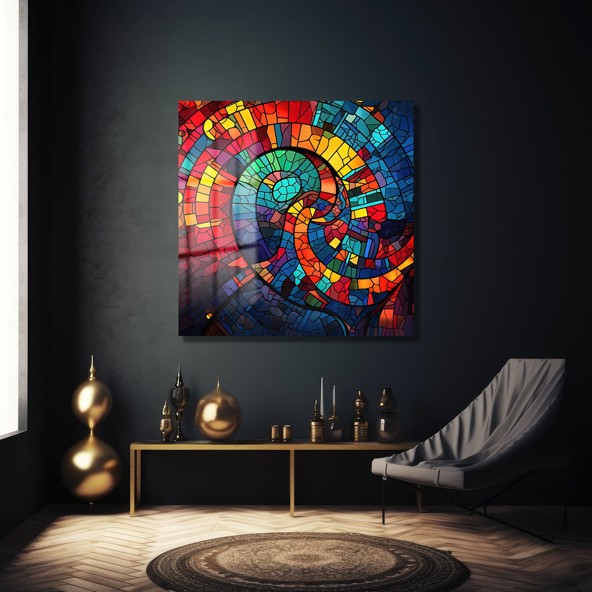 Renkli Spiral Dansı: Modern Vitray Tarzı Temperli Cam Tablo Duvar Dekoru cam tablo, duvar sanatı, modern dekorasyon, soyut sanat, cam sanat eserleri, iç mekan dekorasyonu, ofis dekorasyonu, ev dekorasyonu, restoran dekorasyonu, cafe dekorasyonu, cam baskı, UV baskı, estetik duvar sanatı