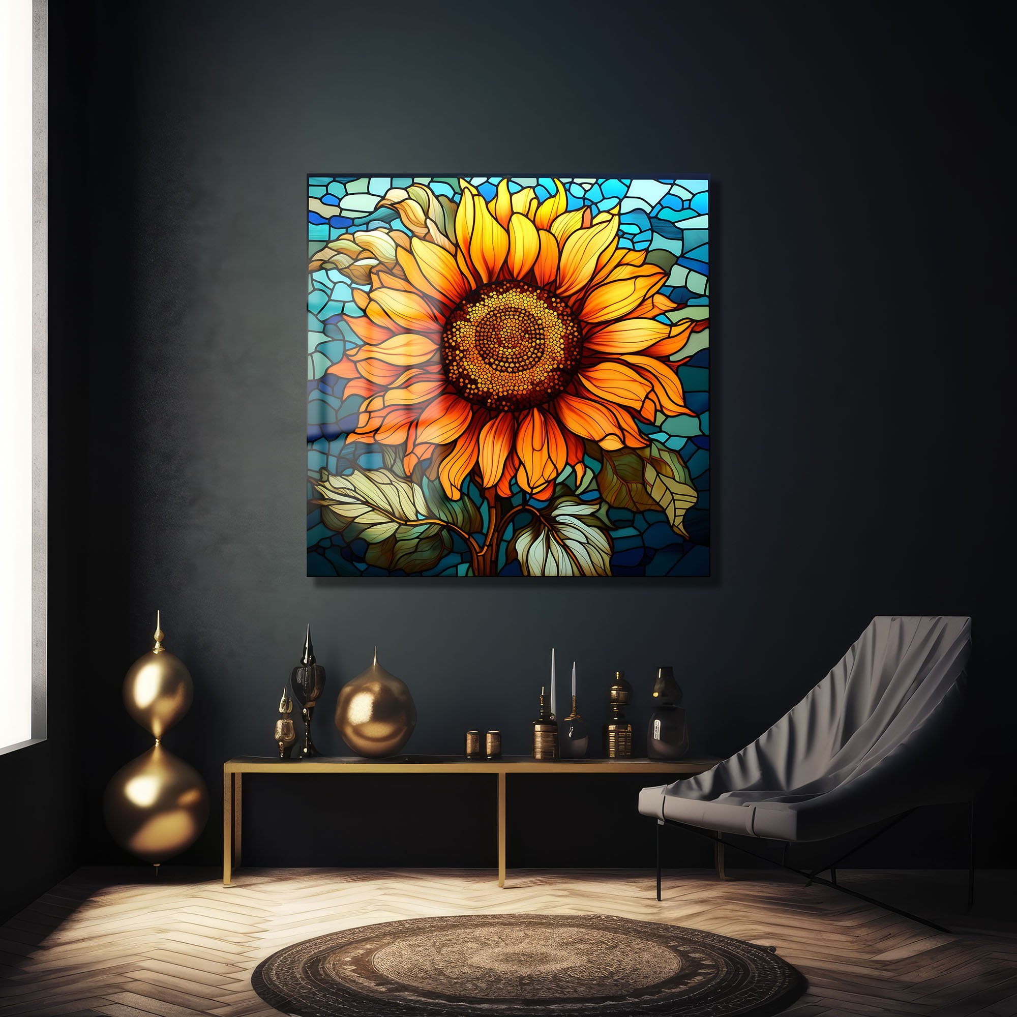 Vitray Ayçiçeği Sanatı: Güneşi Evinize Taşıyan Dekoratif Cam Tablo Duvar Dekoru cam tablo, duvar sanatı, modern dekorasyon, soyut sanat, cam sanat eserleri, iç mekan dekorasyonu, ofis dekorasyonu, ev dekorasyonu, restoran dekorasyonu, cafe dekorasyonu, cam baskı, UV baskı, estetik duvar sanatı