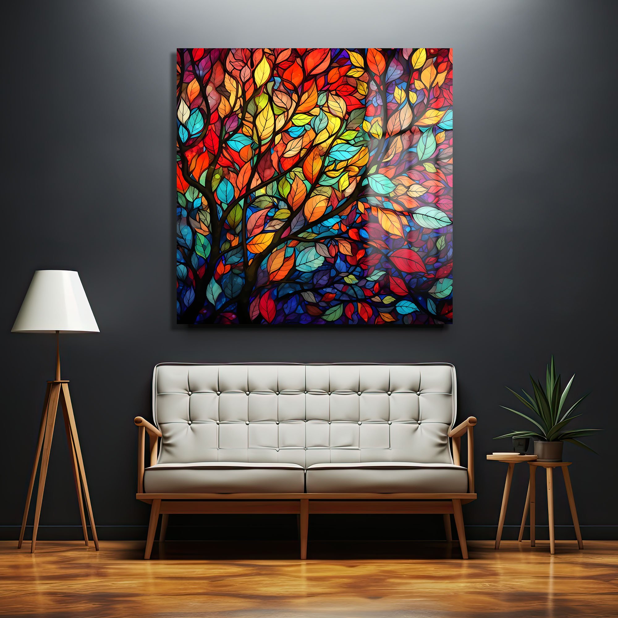 Vitray Yapraklar: Renkli Ağaç Temalı Modern Temperli Cam Tablo Duvar Dekoru cam tablo, duvar sanatı, modern dekorasyon, soyut sanat, cam sanat eserleri, iç mekan dekorasyonu, ofis dekorasyonu, ev dekorasyonu, restoran dekorasyonu, cafe dekorasyonu, cam baskı, UV baskı, estetik duvar sanatı