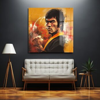 Bruce Lee Efsanesi: Dinamik Portre Cam Tablo - Modern Duvar Sanatı - Glazella Bruce Lee Efsanesi: Dinamik Portre Cam Tablo - Modern Duvar Sanatı - Glazella