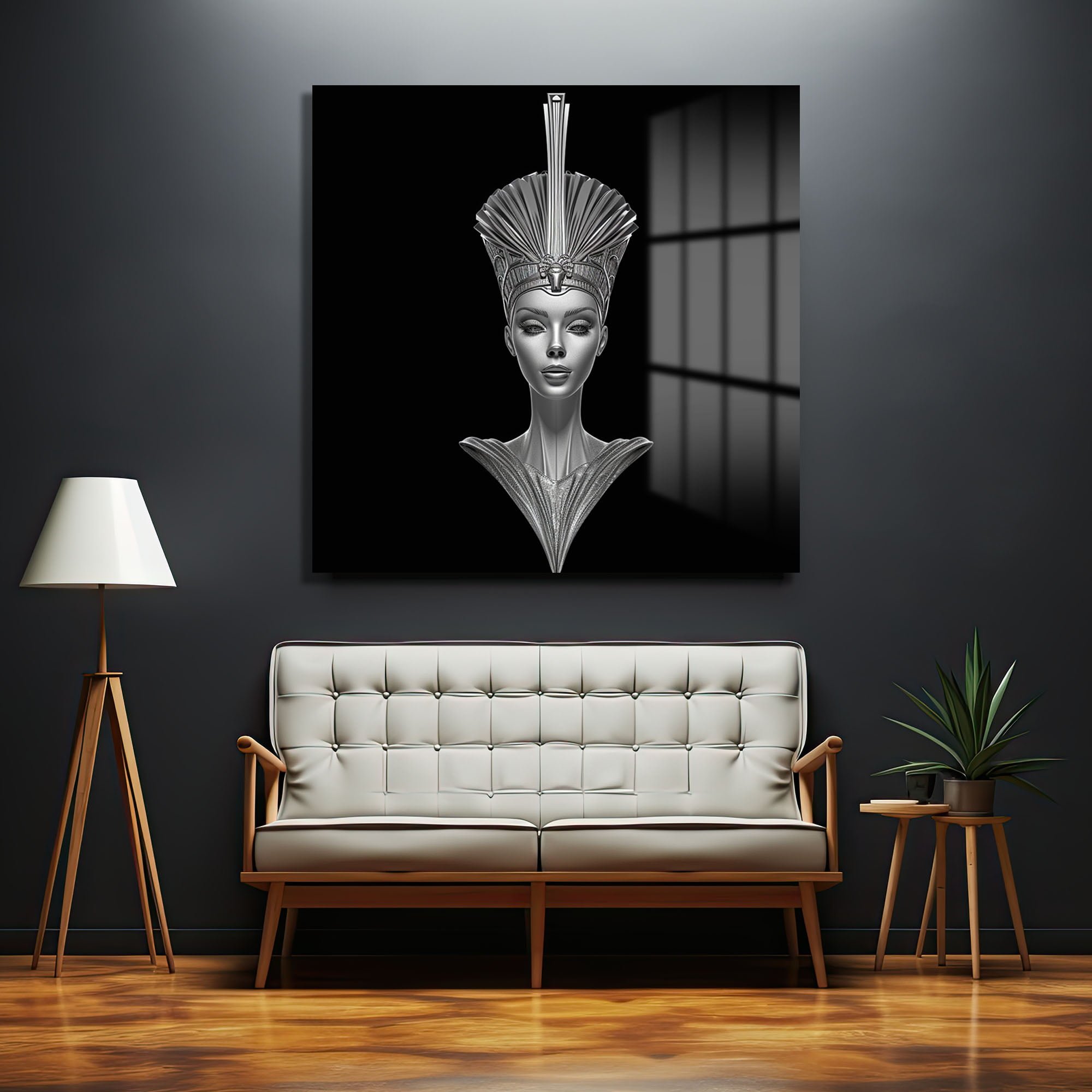 Antik Zarafet, Fütüristik Işıltı: Nefertiti Temalı Gümüş Cam Tablo Duvar Dekoru cam tablo, duvar sanatı, modern dekorasyon, soyut sanat, cam sanat eserleri, iç mekan dekorasyonu, ofis dekorasyonu, ev dekorasyonu, restoran dekorasyonu, cafe dekorasyonu, cam baskı, UV baskı, estetik duvar sanatı