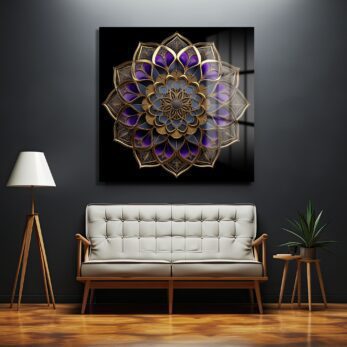 Gizemli Mor ve Altın Mandala: Lüks Temperli Cam Tablo - Glazella Gizemli Mor ve Altın Mandala: Lüks Temperli Cam Tablo - Glazella