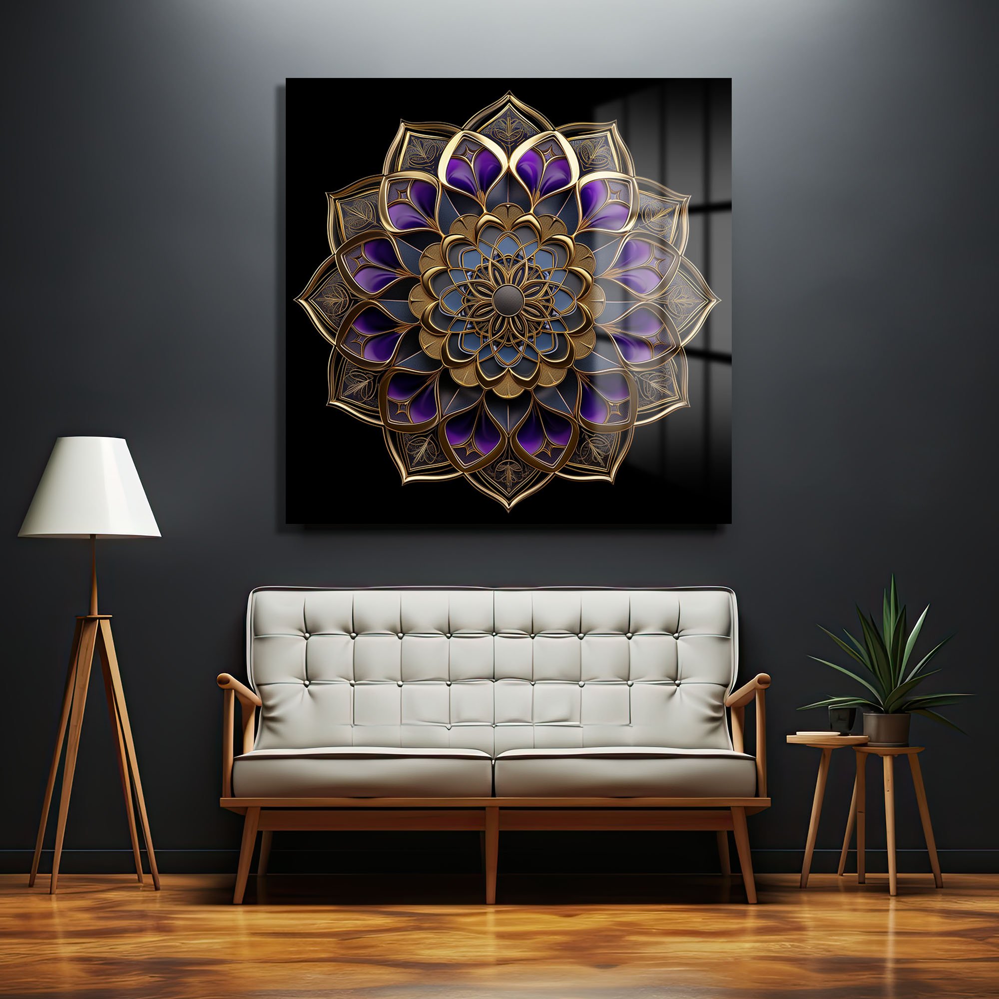 Gizemli Mor ve Altın Mandala: Lüks Temperli Cam Tablo - Glazella Gizemli Mor ve Altın Mandala: Lüks Temperli Cam Tablo - Glazella
